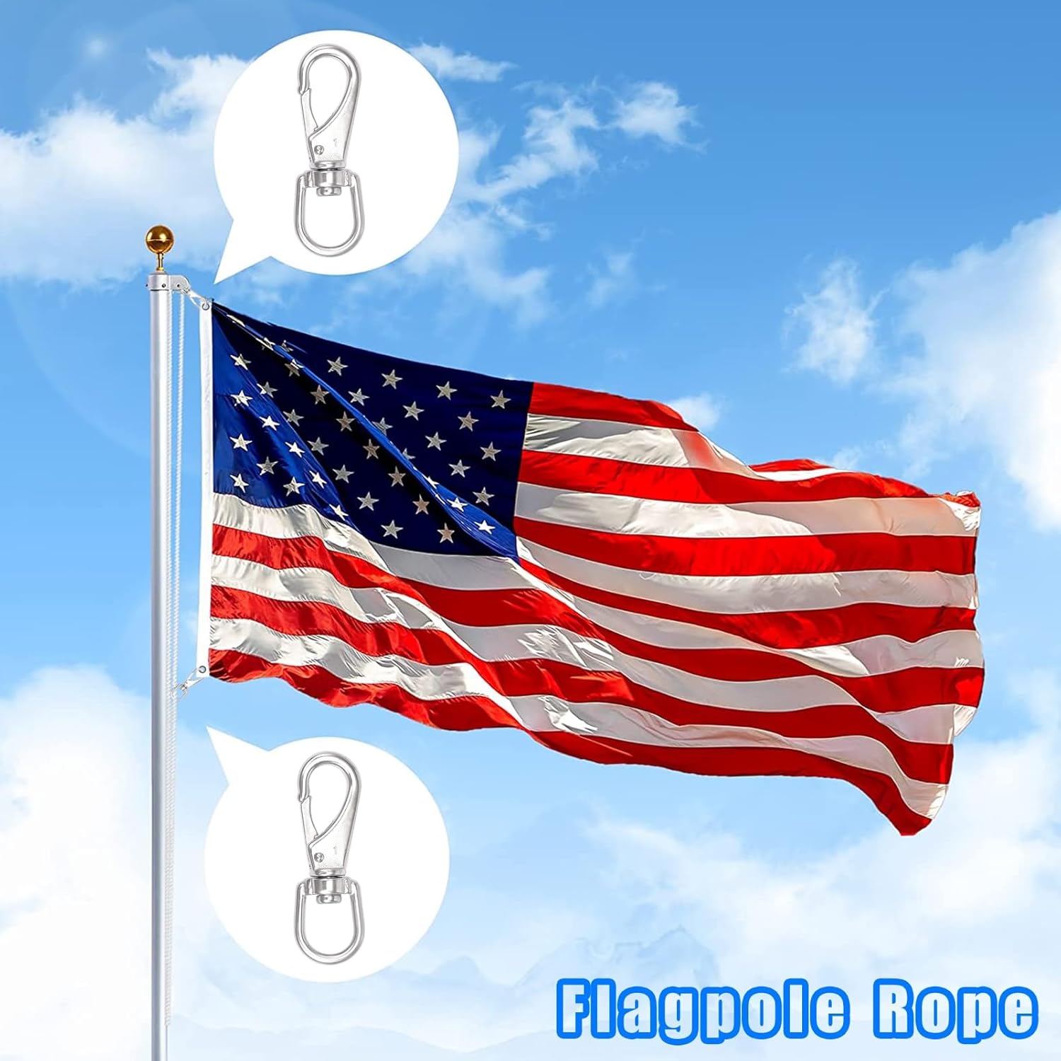 Ganchos giratorios a presión, clips de bandera de acero inoxidable 304 de 2.7 pulgadas, 5 clips para asta de bandera, ganchos resistentes para