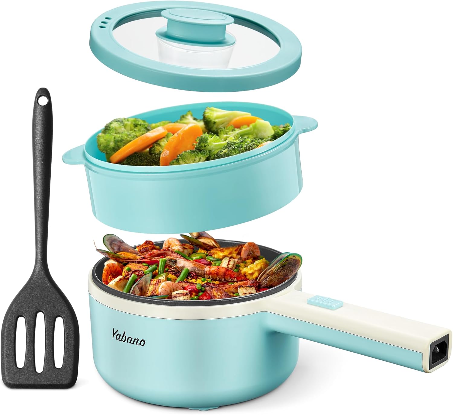 Yabano Olla eléctrica, olla eléctrica antiadherente de 850 W con vaporizador, olla de fideos de 1.6 L con control de potencia doble, olla portátil