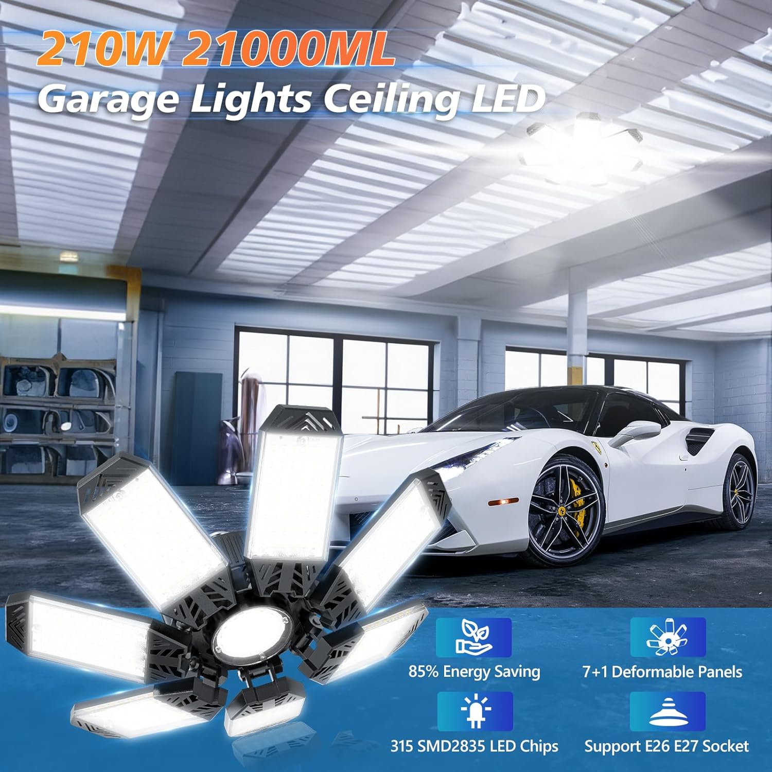 Paquete de 4 luces LED de garaje de 210 W, luces LED de garaje con 7 paneles deformables, 21000 lm 6500 K, luces de techo de garaje súper brillantes