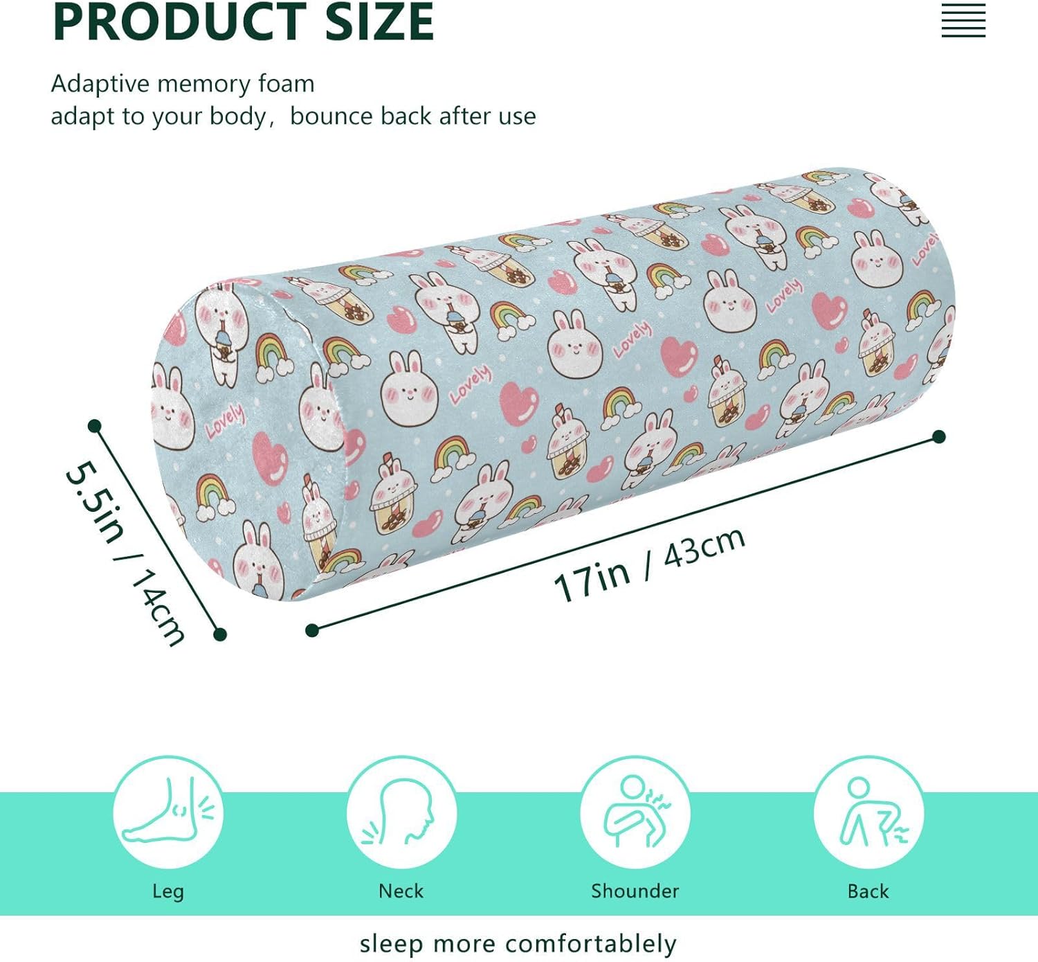 Cute Rabbits Decorative Bolster Pillows for Sofa Decorative Neck Roll Pillow Case Long Round Pillows for Bed Foam Cylinder Pillow Cervical