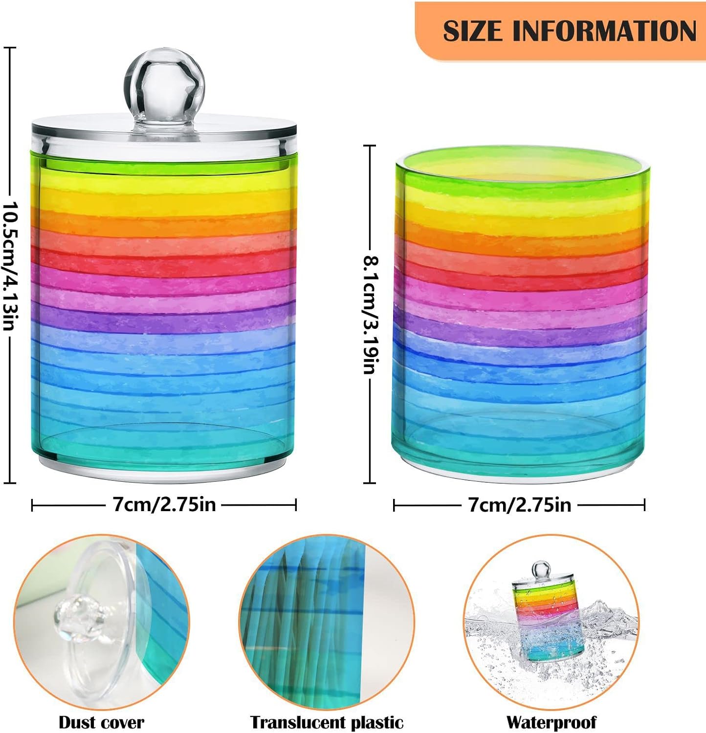 Paquete de 4 soportes dispensadores de arco iris a rayas para baño, organizadores de tocador de baño de plástico transparente con tapas para bola de