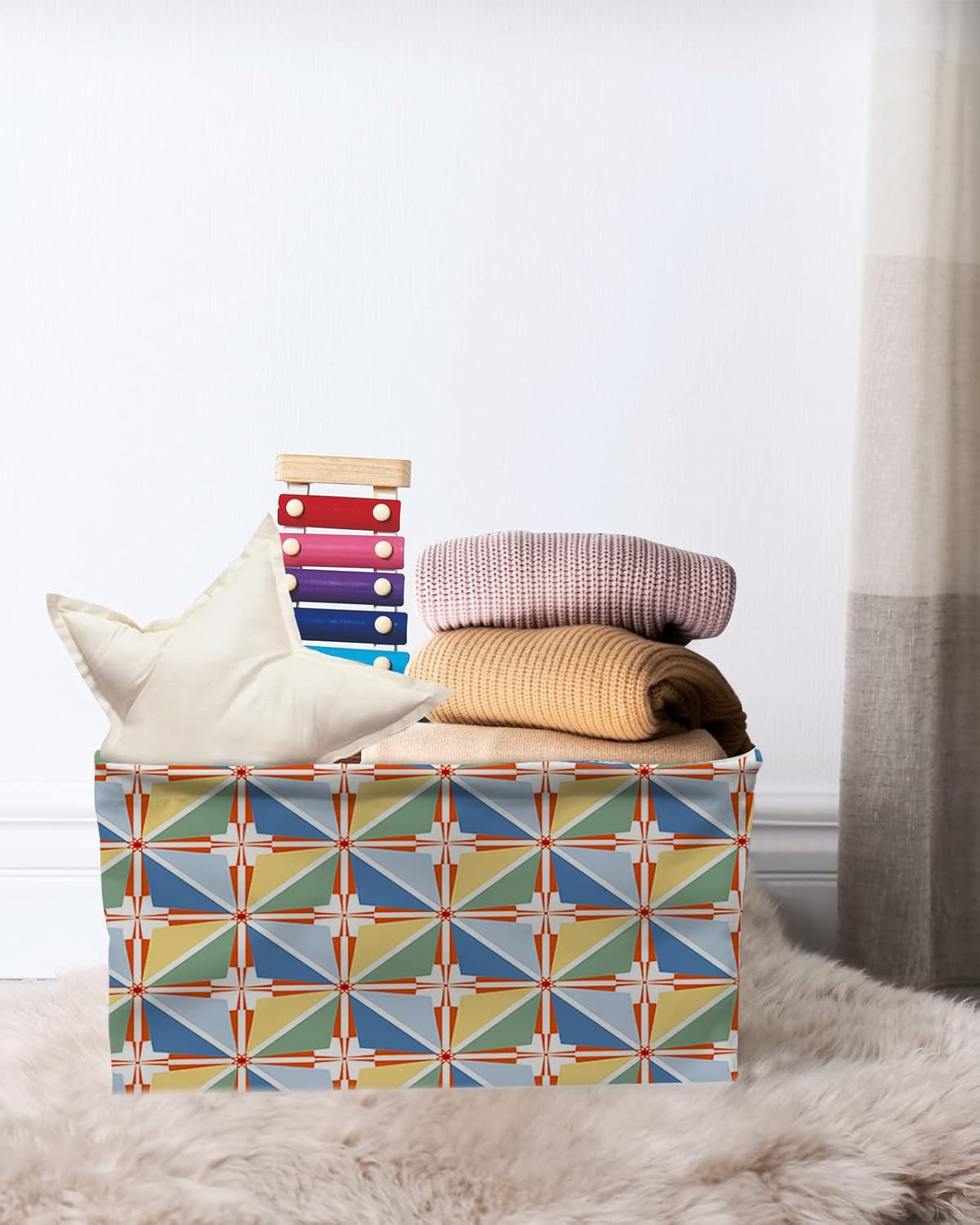 Blue Teal Yellow Plaid Storage Basket for Organizing Shelves, Collapsible Storage Bins Boxes with Handle, Modern Red Geometric Checkered Art Canvas