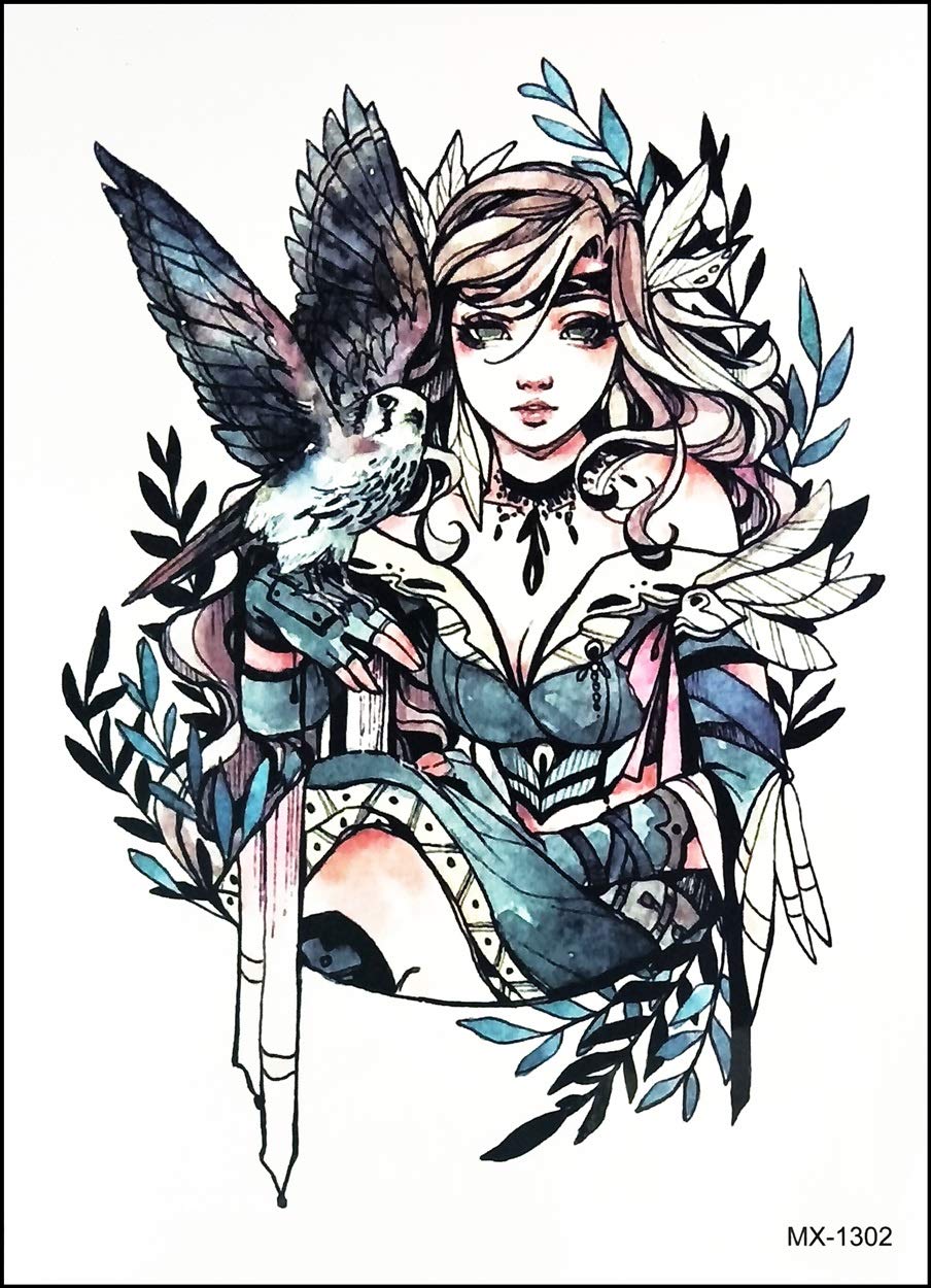 GS912 Tatuaje 8.2 x 5.7 pulgadas, niña ángel con pájaro, dibujos animados, tatuajes grandes, diseños temporales impermeables, pintura adhesiva falsa