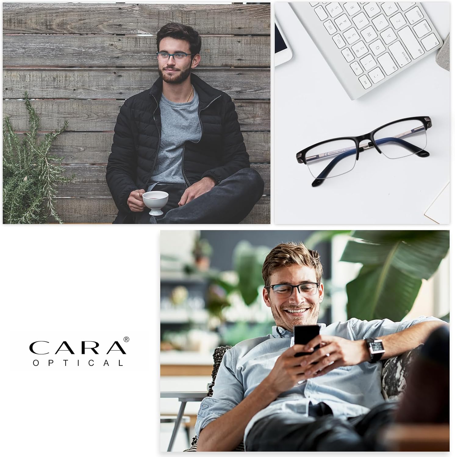 CARA – Paquete de 2 lentes de lectura progresivos de alta calidad para hombre, bloqueo de luz azul de medio marco, lectores multienfoque con bisagra