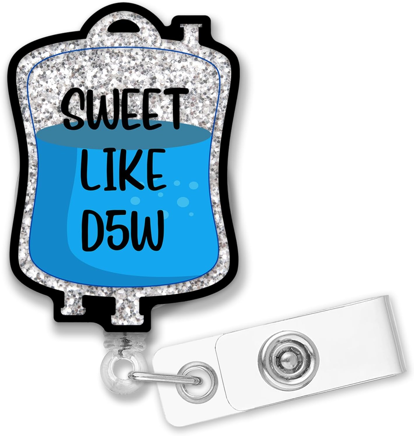 Carrete retráctil de insignia Sweet Like D5W con clip de cocodrilo, divertido paquete de dextrosa con purpurina plateada, regalo para médicos,