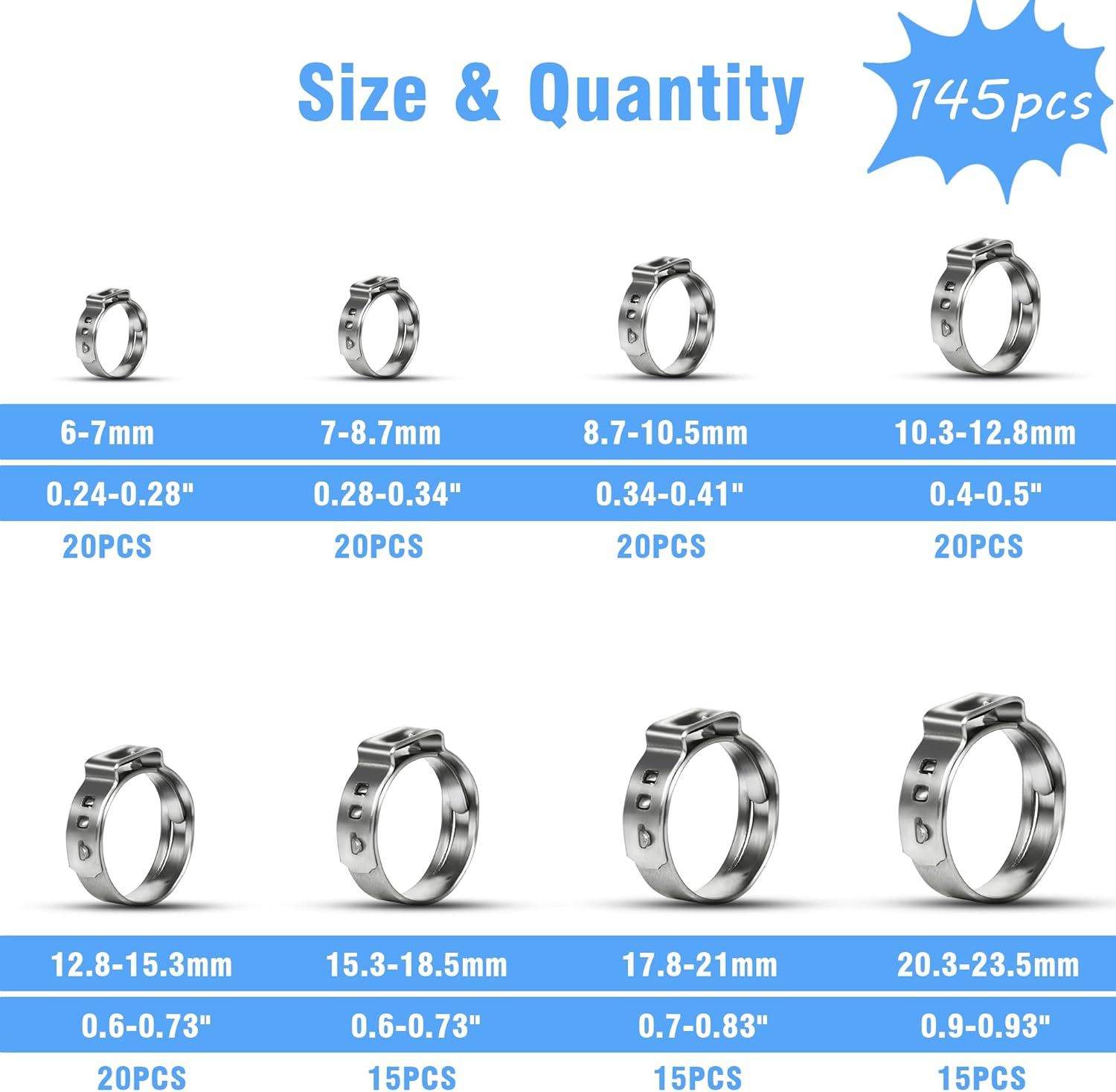 145 abrazaderas de manguera de oreja única, 8 tamaños 0.236-0.925 in 304 Stianless acero Cinch Clamp Rings Surtido Kit para conexiones de montaje de