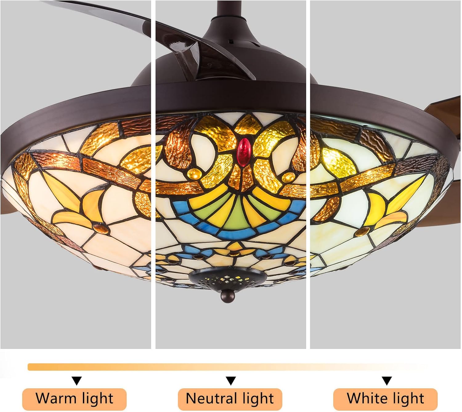 Ventilador de techo estilo Tiffany de 42 pulgadas, ventilador de techo retráctil con luces y control remoto, modo de avance y reversa, 3 velocidades