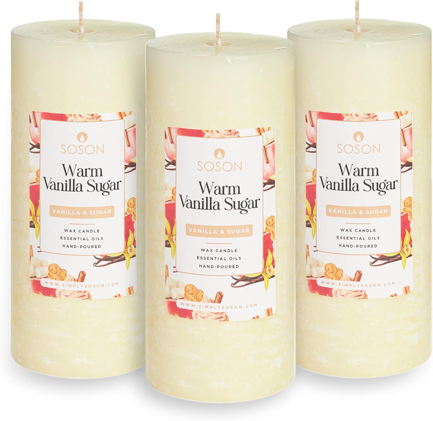 Simply Soson Velas perfumadas de 3 x 6 pulgadas, azúcar de vainilla cálida, fragancia acogedora y relajante, juego de 3 velas para decoración del