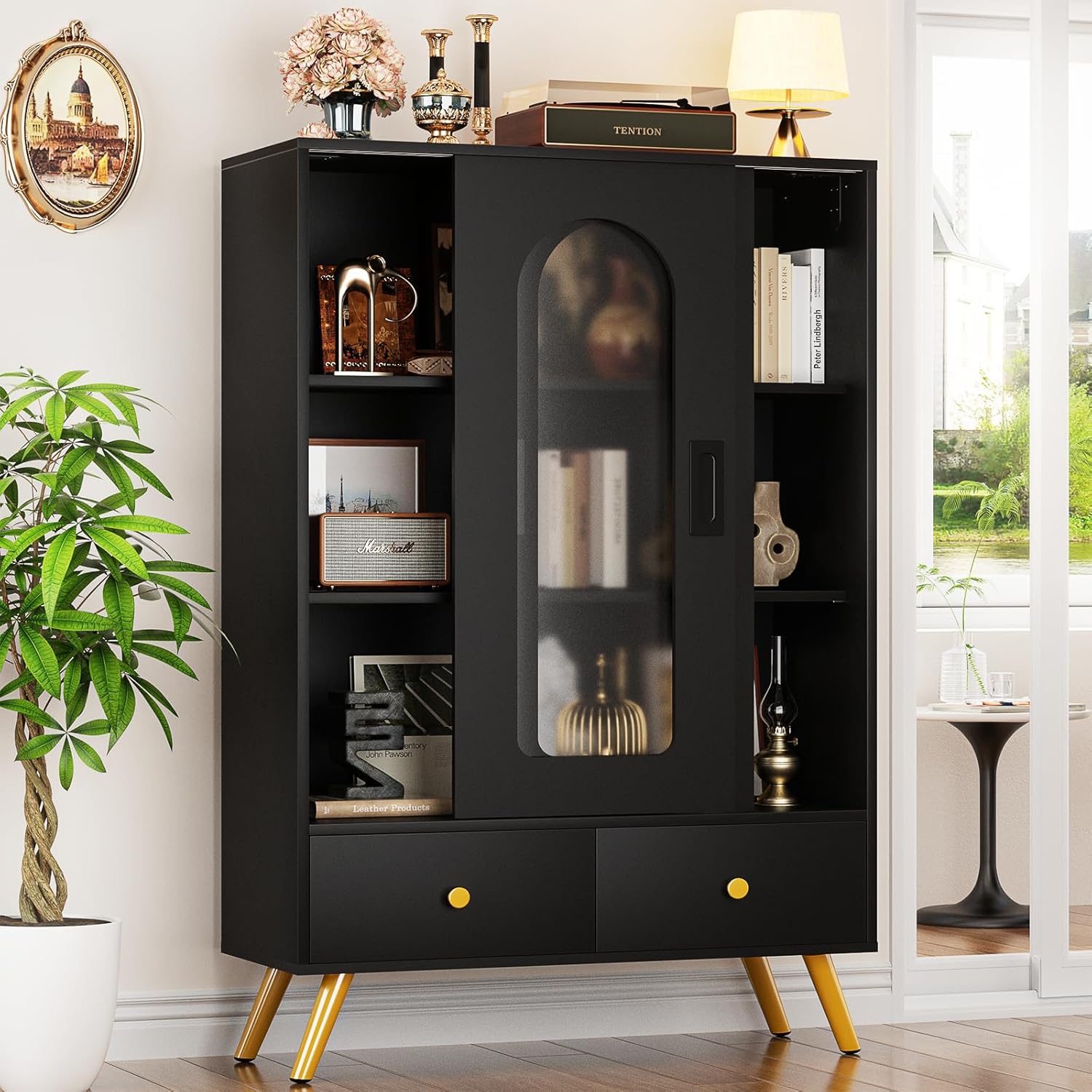 Cyclysio Armario de almacenamiento con puertas corredizas, gabinete de acento negro con almacenamiento y cajones, armario de almacenamiento de 51