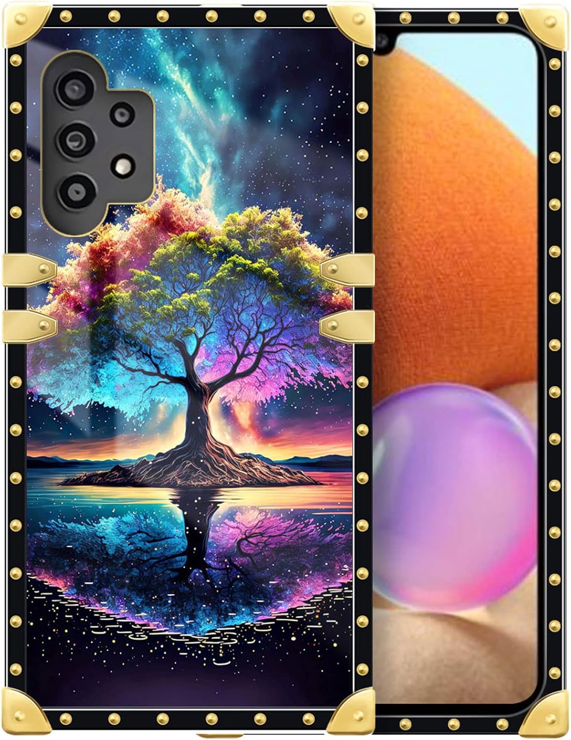DAIZAG Funda de teléfono para Samsung Galaxy A32 4G Life Tree Energy Funda de teléfono cuadrado dorado suave TPU a prueba de golpes funda protectora