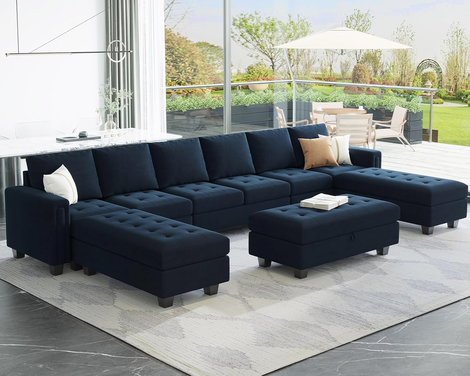 Belffin Juego de sofá modular en forma de U de gran tamaño con tumbona ancha reversible de terciopelo con almacenamiento de esquina otomana modular
