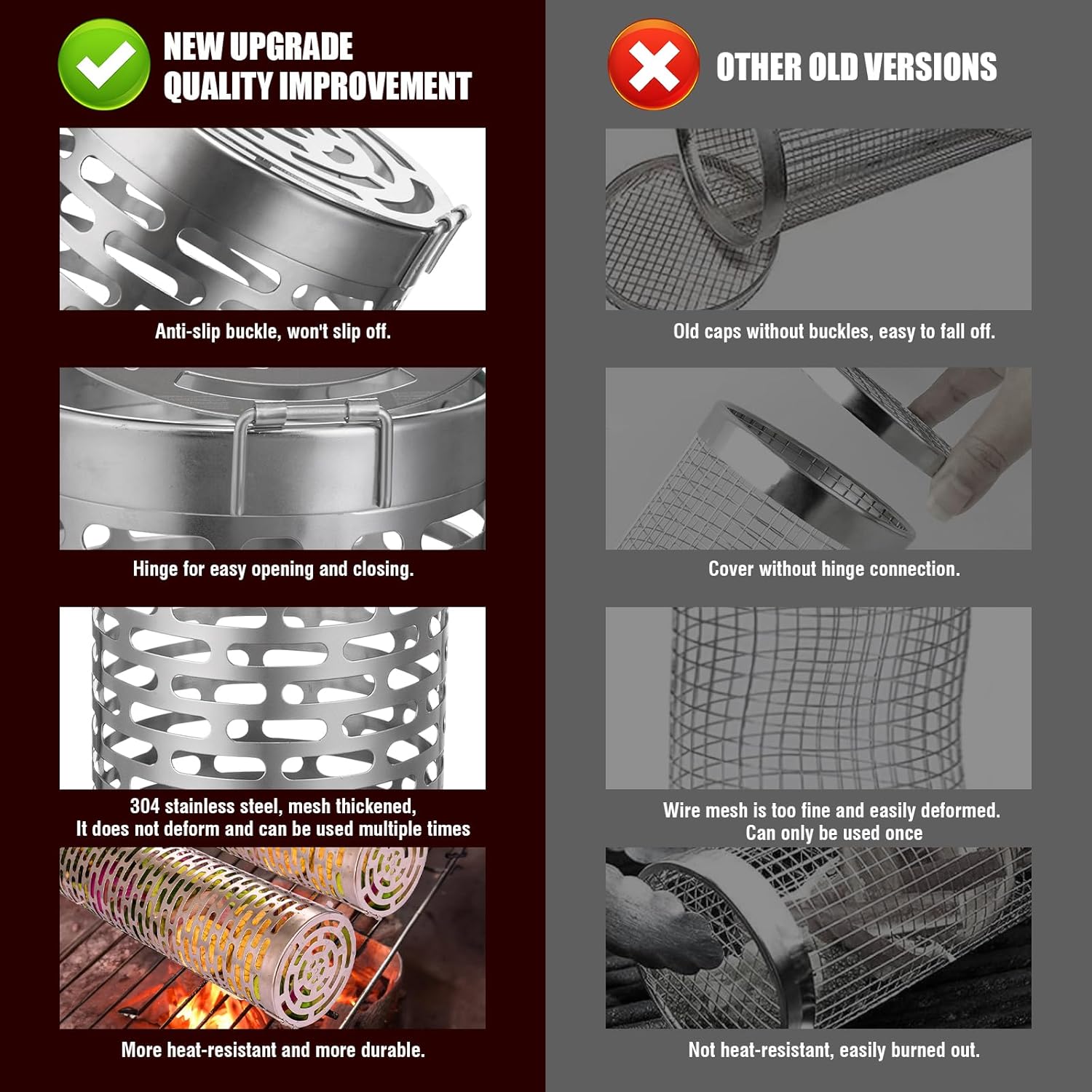 Grill Basket 2 PCS, Rolling Grill Baskets for Outdoor Grill BBQ Grill Basket, Round Stainless Steel Grill Mesh Barbeque Grill Accessories, Camping