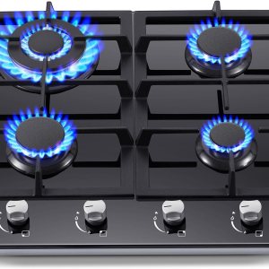 Estufa de gas de 24 pulgadas, estufa de gas incorporada de 4 quemadores, estufa de gas de vidrio templado negro con kit de conversión de GNLPG, Estufa de gas de 24 pulgadas, estufa de gas incorporada de 4 quemadores, estufa de gas de vidrio templado negro con kit de conversión de GNLPG,