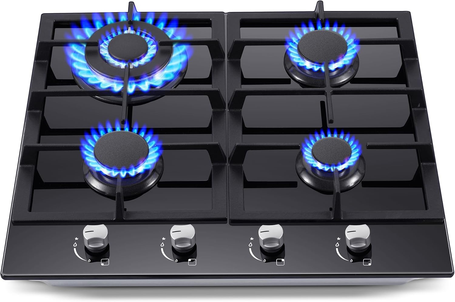 Estufa de gas de 24 pulgadas, estufa de gas incorporada de 4 quemadores, estufa de gas de vidrio templado negro con kit de conversión de GNLPG,