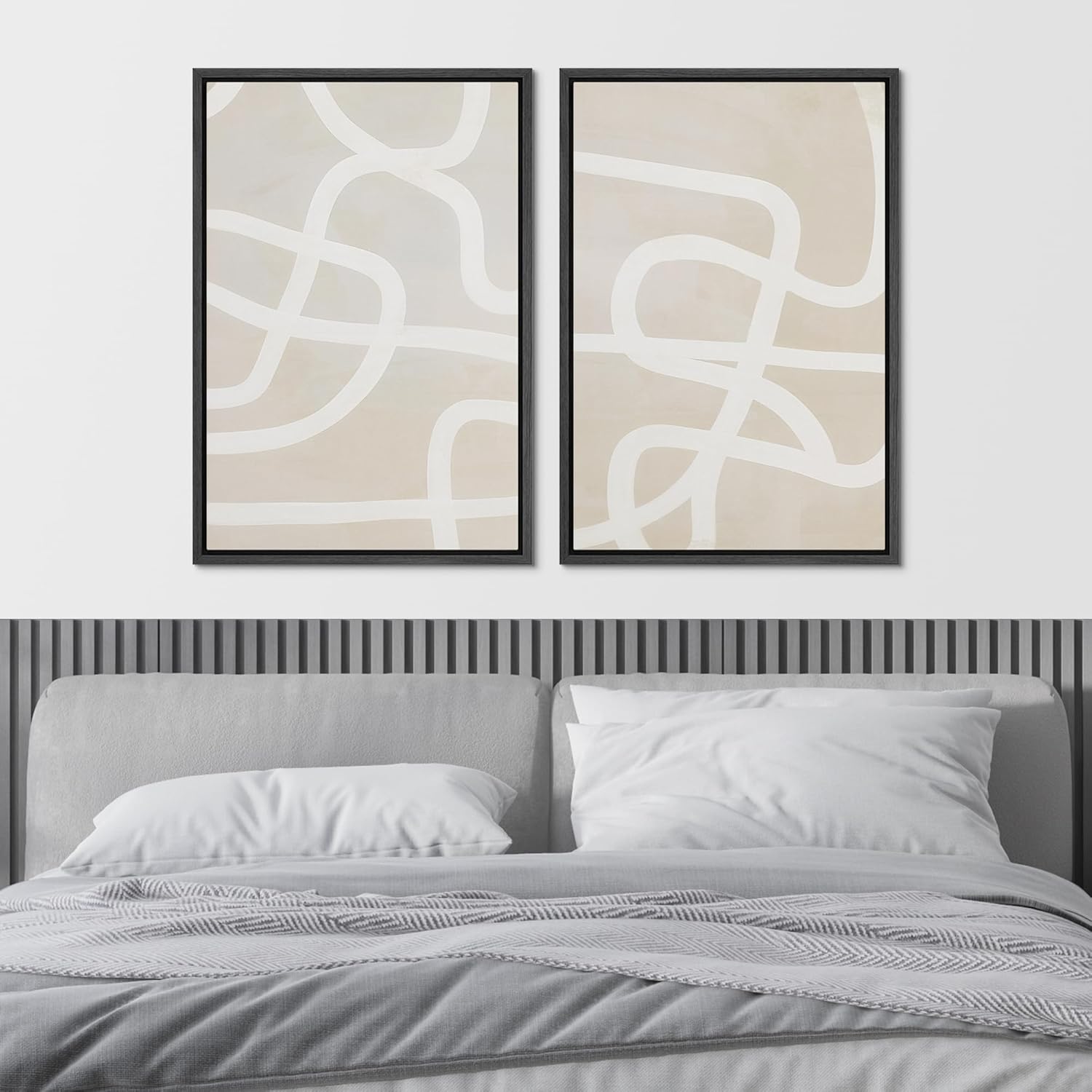 Ashbrook Lienzo enmarcado para pared, juego de arte geométrico de mediados de siglo, color beige y blanco con trazos de pintura, arte moderno