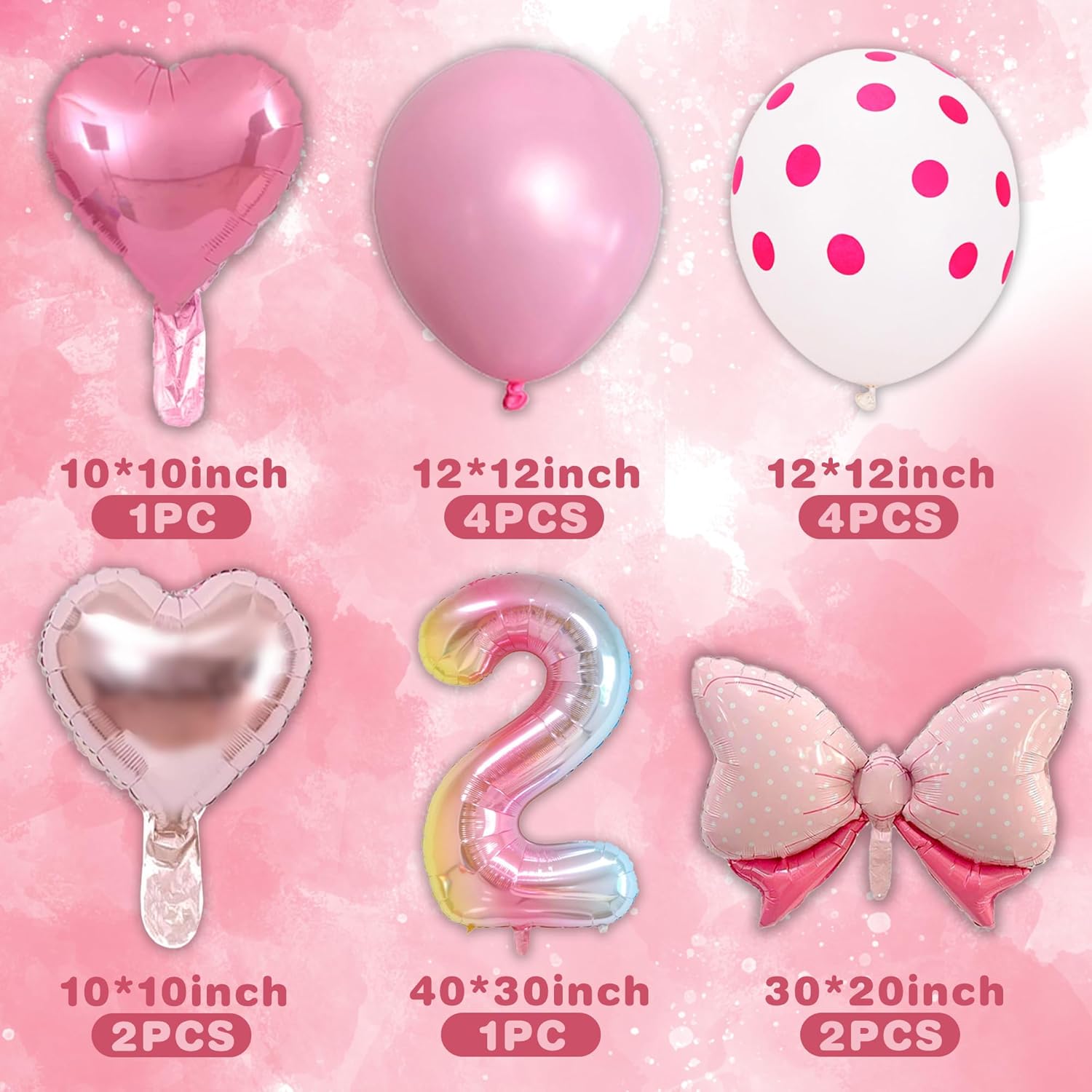 14 globos de fiesta de ratón con lazo rosa, globos metálicos de papel de aluminio rosa intenso, incluye globo de cumpleaños número 2, arco rosa,