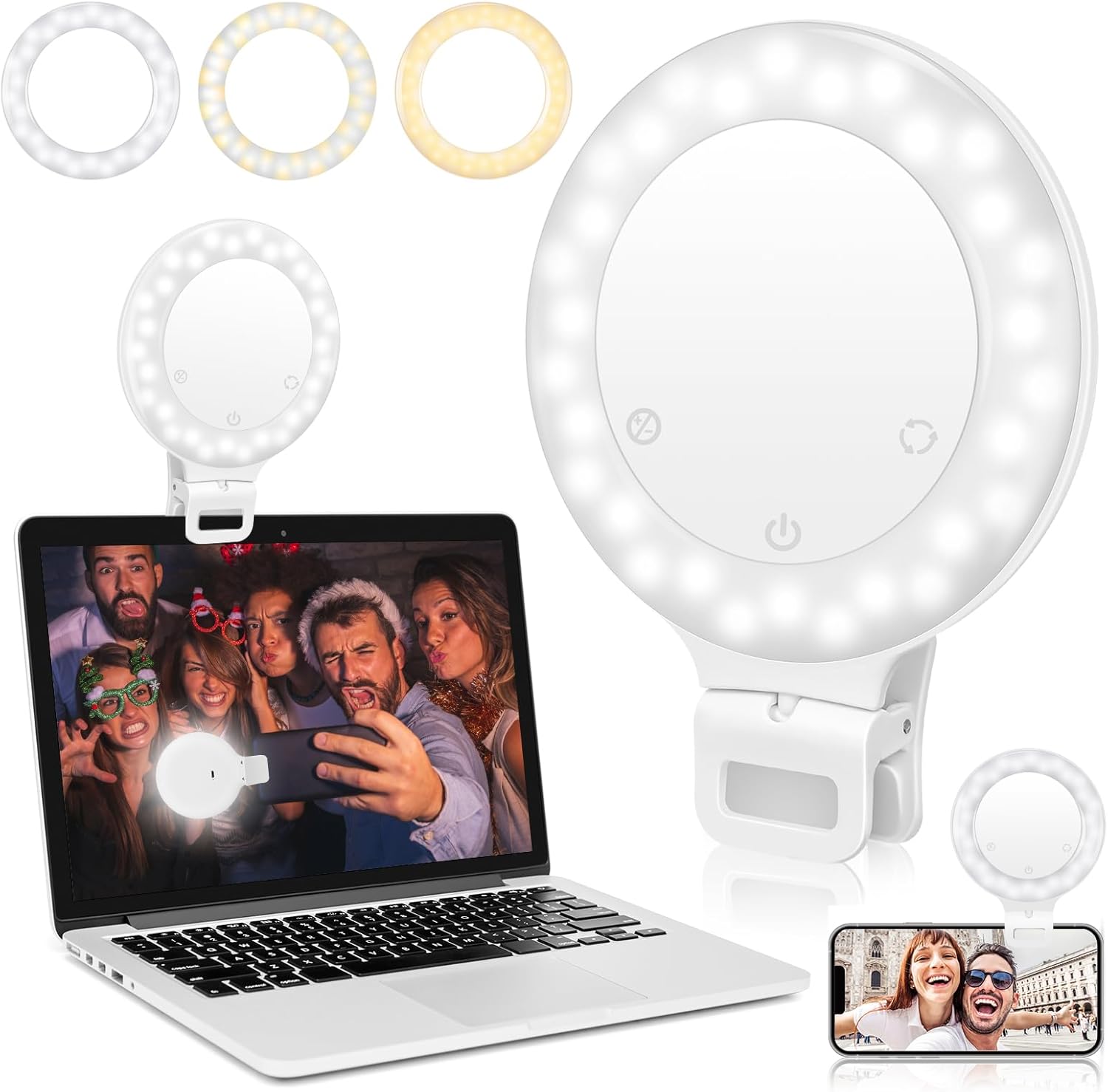 Anillo de luz, 3 modos de luz, luz para selfie, recargable, batería de gran capacidad, portátil, 60 LED, brillo ajustable, luz con clip para laptop,