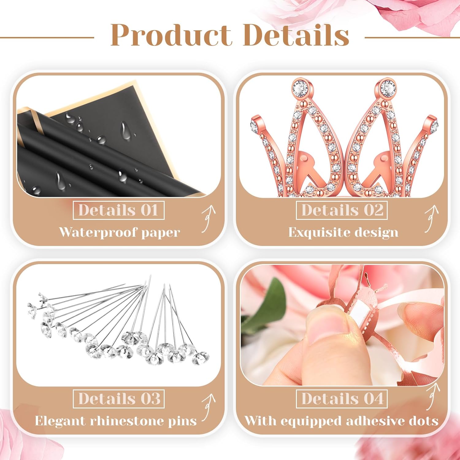 Ceenna 294 accesorios para ramos de flores que incluyen 40 hojas de papel de regalo de flores con borde dorado, 6 mini coronas, 48 decoraciones de