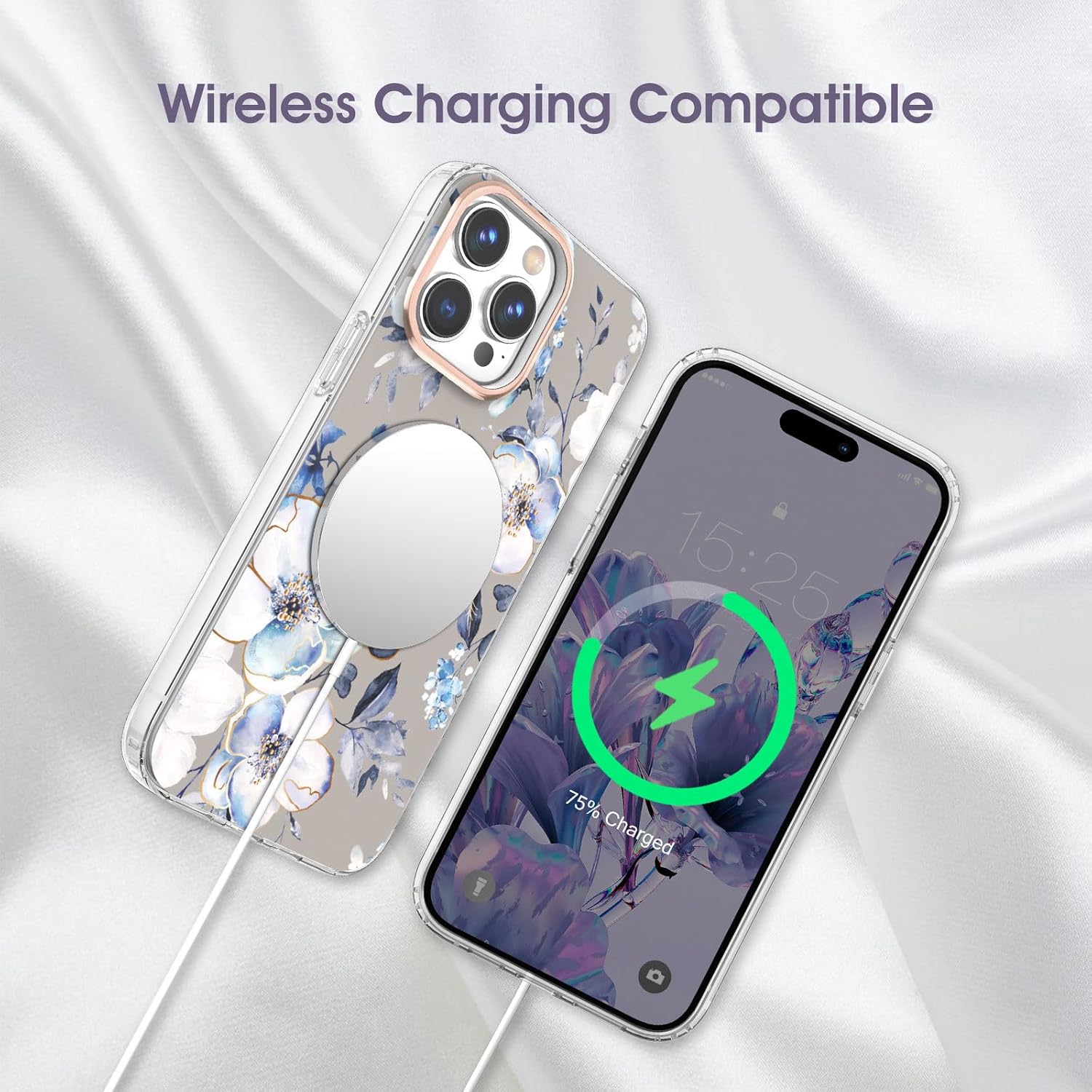 zelaxy Funda compatible con iPhone 15 Pro, TPU suave y flexible, a prueba de golpes, patrones de jardín de flores, funda protectora de cuerpo