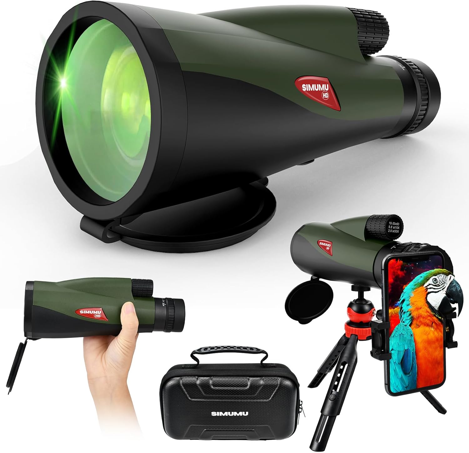 Zoom 10-30×60 Monocular de alta potencia para adultos, telescopio impermeable con adaptador de teléfono, trípode y funda de cuero, perfecto para