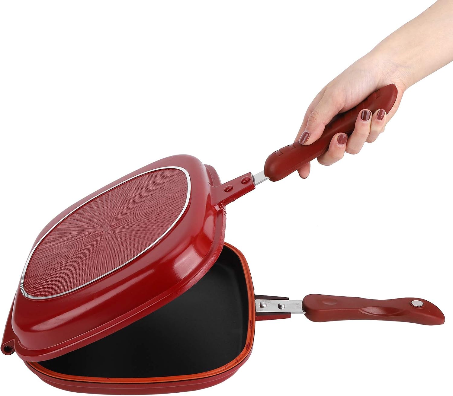 Sartén de doble cara, sartén antiadherente de aleación de aluminio cuadrada roja para utensilios de cocina, 11 x 9.5 pulgadas