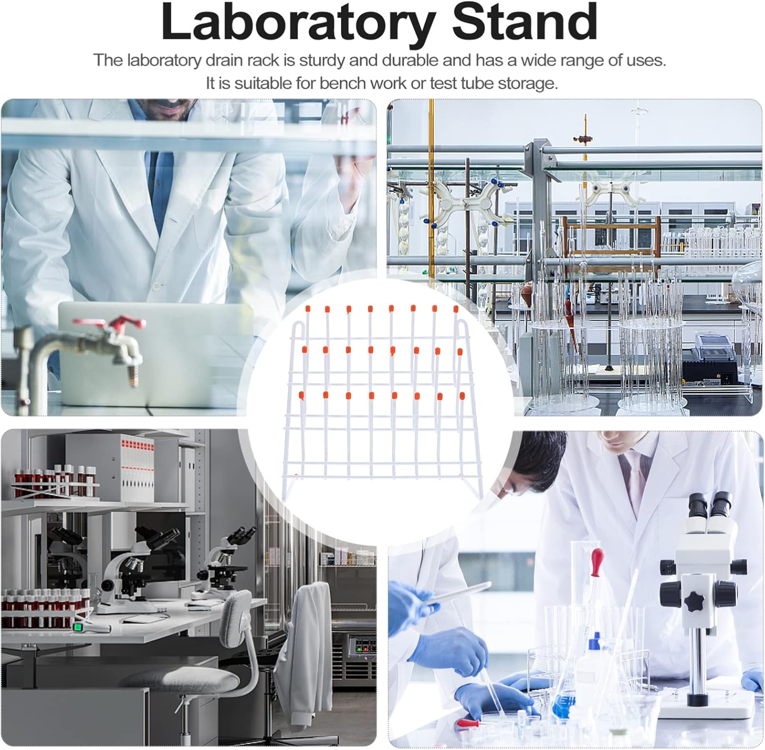 Baluue Estante de tubo de ensayo, estante de secado de laboratorio, cristalería de laboratorio, estante de drenaje de secado de escritorio, equipo
