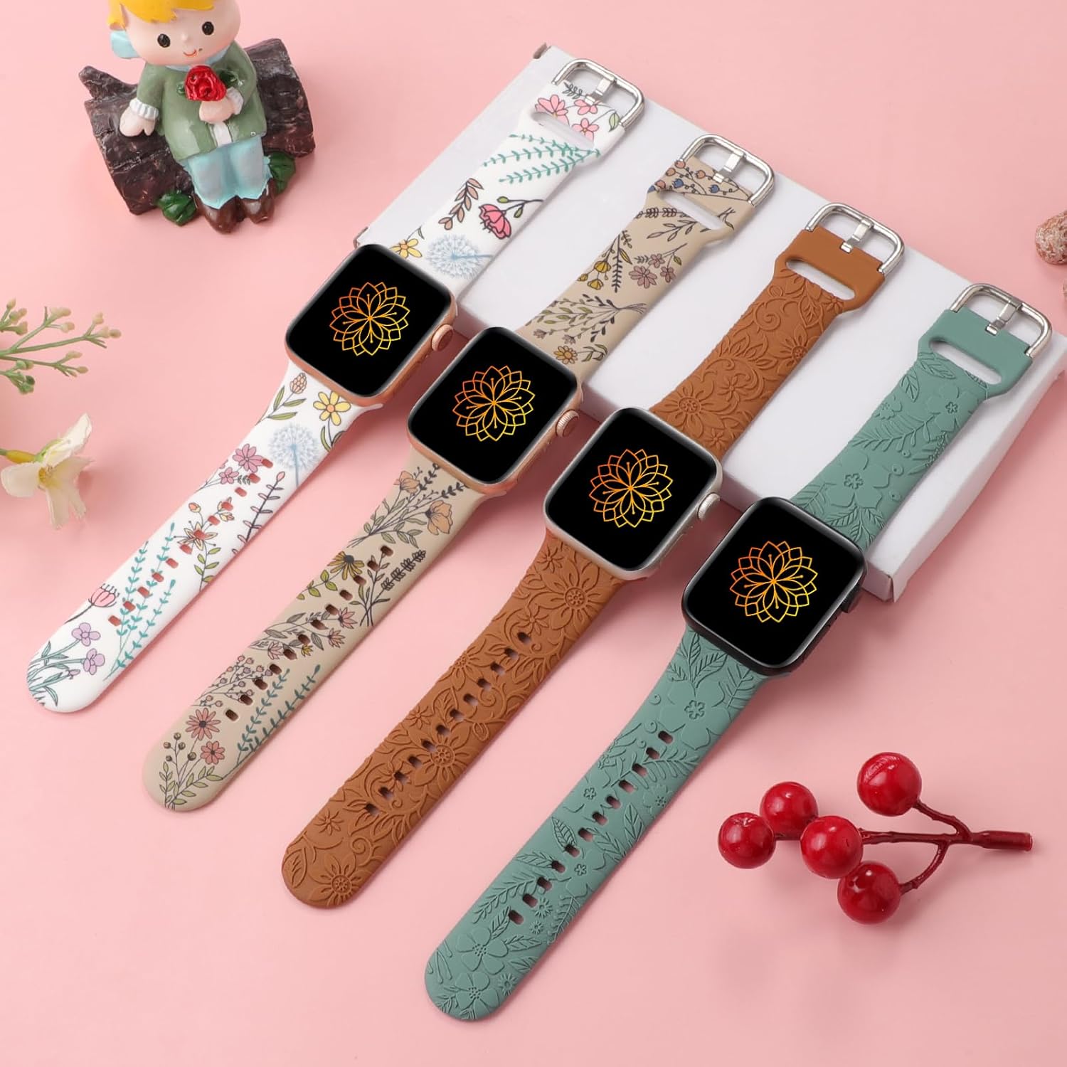 Correas con estampado de flores compatibles con Apple Watch Band de 1.575 pulgadas, 1.614 pulgadas, 1.496 pulgadas, 1.654 pulgadas, 1.732 pulgadas,
