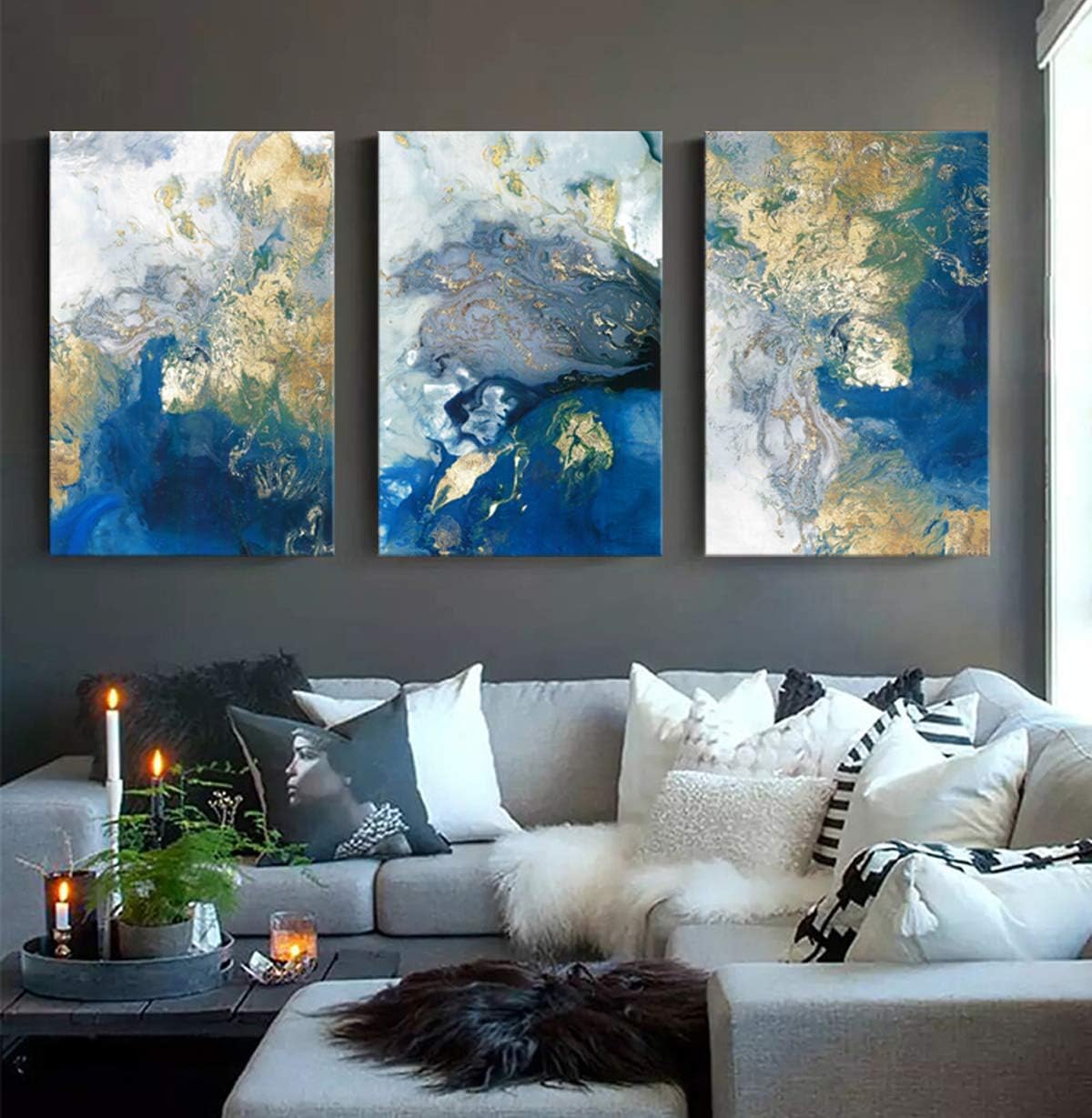 Lienzo abstracto del océano, cuadro azul, pintura dorada y verde azulado, obra de arte de ondas estrelladas, decoración de pared de 3 piezas para
