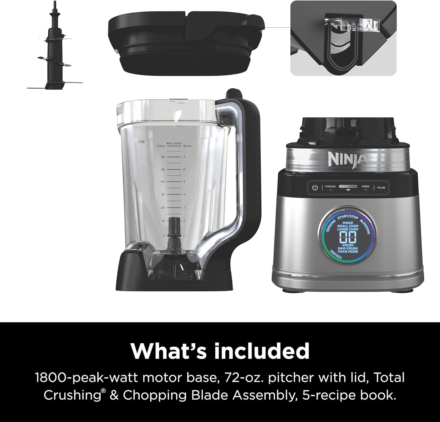 Ninja TB201 Detect Power Blender Pro, tecnología BlendSense, para batidos, batidos y más, 1800 vatios de pico, 72 onzas, jarra, licuadora, negro