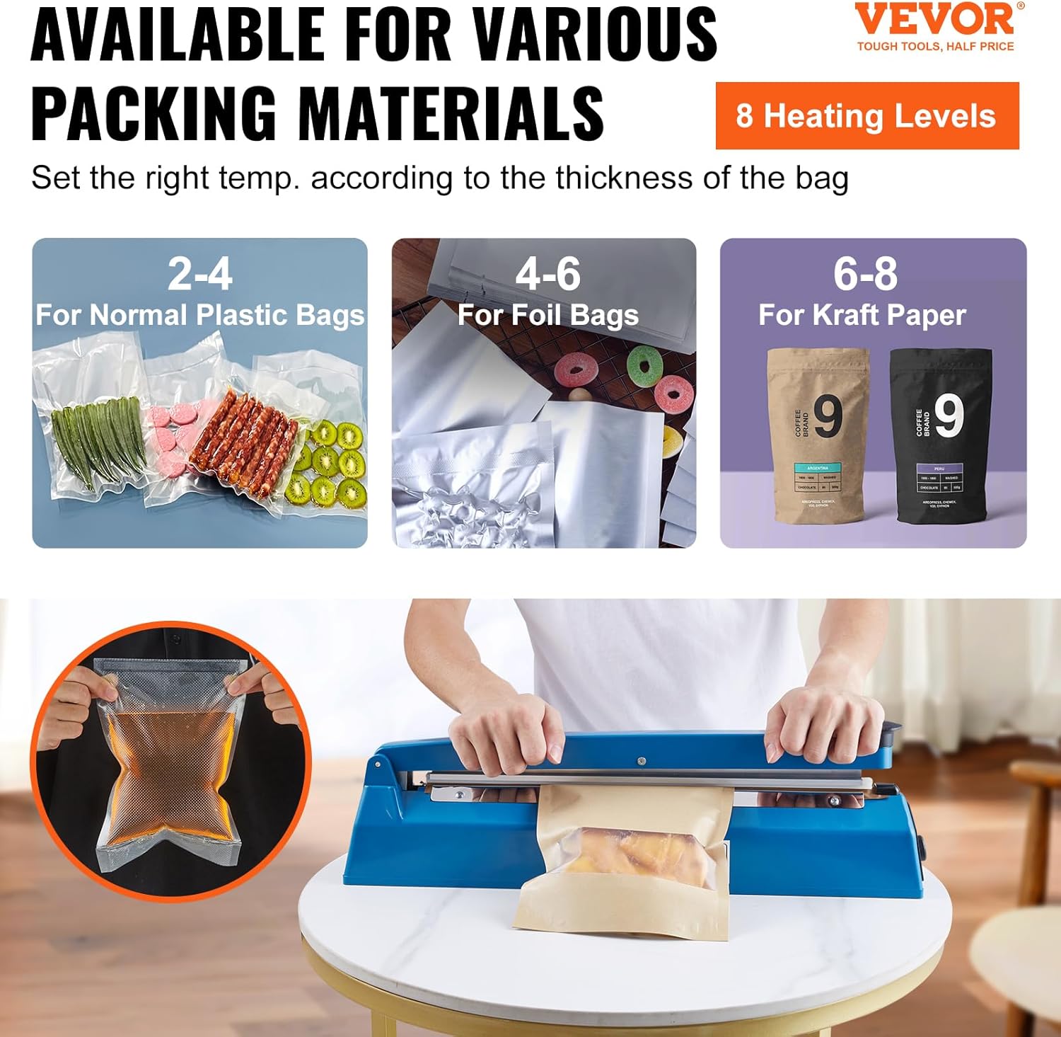 VEVOR Sellador de impulso de 16 pulgadas, máquina de sellado térmico manual con modo de calefacción ajustable, selladores de bolsas retráctiles ABS