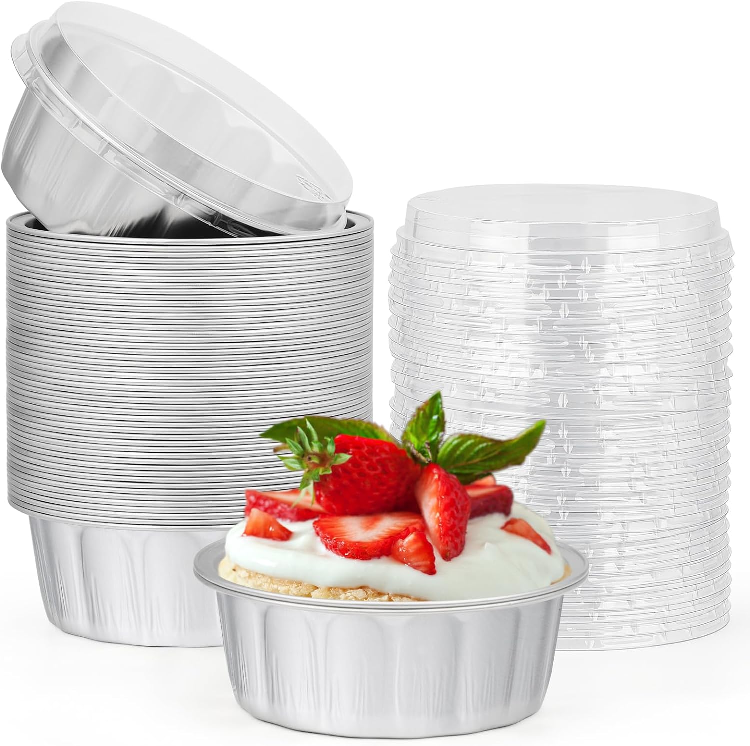Beasea Ramequines con tapas, 8 onzas, paquete de 50 vasos de aluminio desechables para hornear, tazas de aluminio plateado, tazas de papel de
