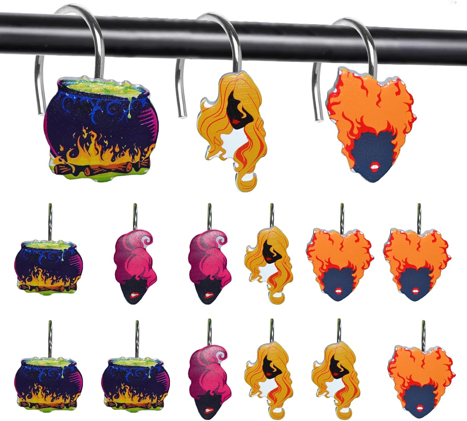 12 ganchos decorativos de Halloween para cortina de ducha, anillos, accesorios de decoración de baño, metal inoxidable y resina pintada a mano,