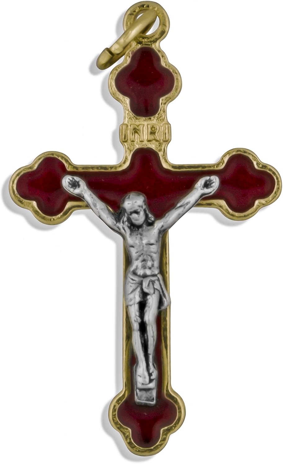 Venerare Crucifijo de estilo latino de 1.5″ con esmalte de color y ribete dorado, Metal
