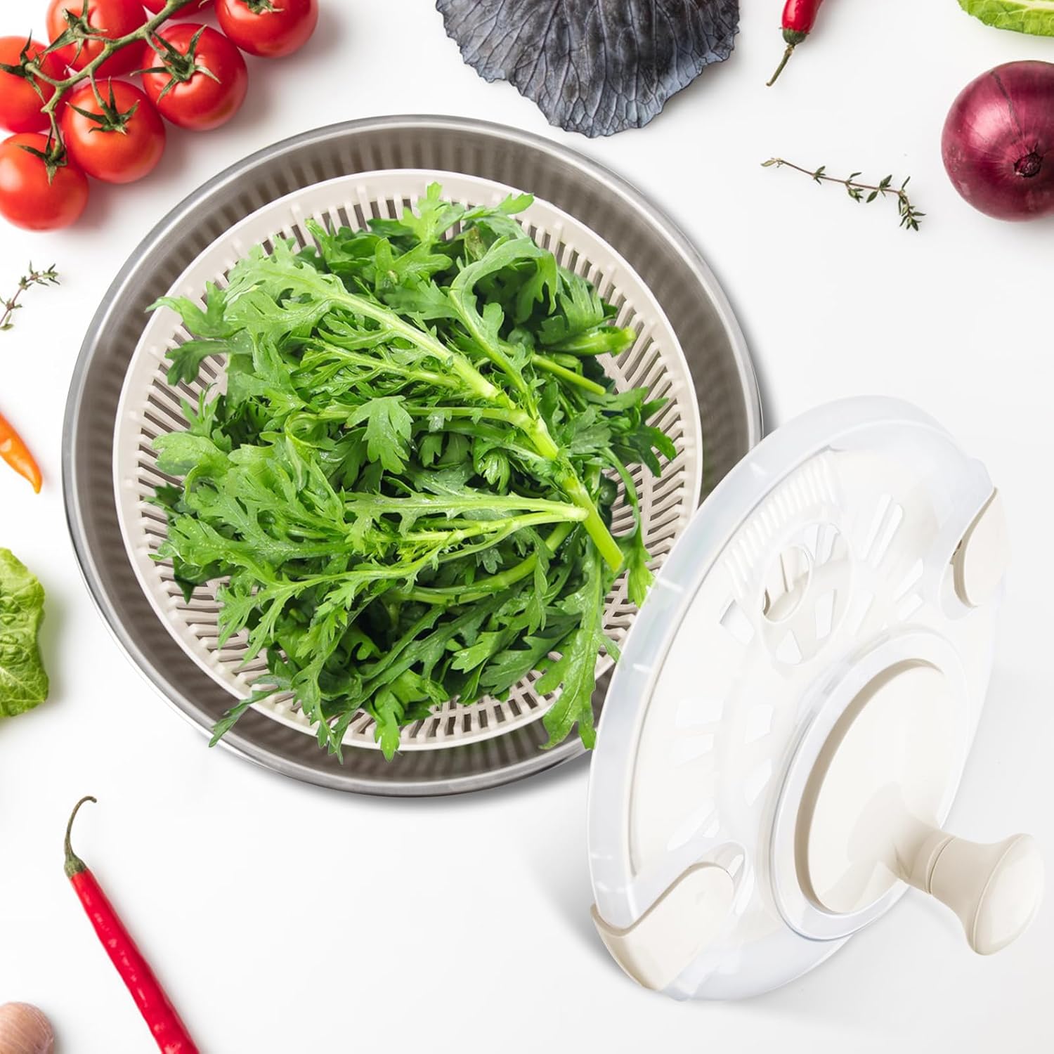 Ensalada Spinner de acero inoxidable, grande, multiuso, para lechuga, centrifugado y secado de frutas y verduras con cuenco de drenaje giratorio (5
