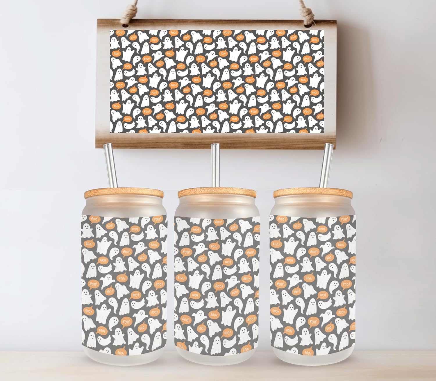 Cute Little Ghost Frosted Glass Can with Bamboo Lid, straw and cleaning brush, 16 Oz Halloween Vibes Glass Cup Mugzan