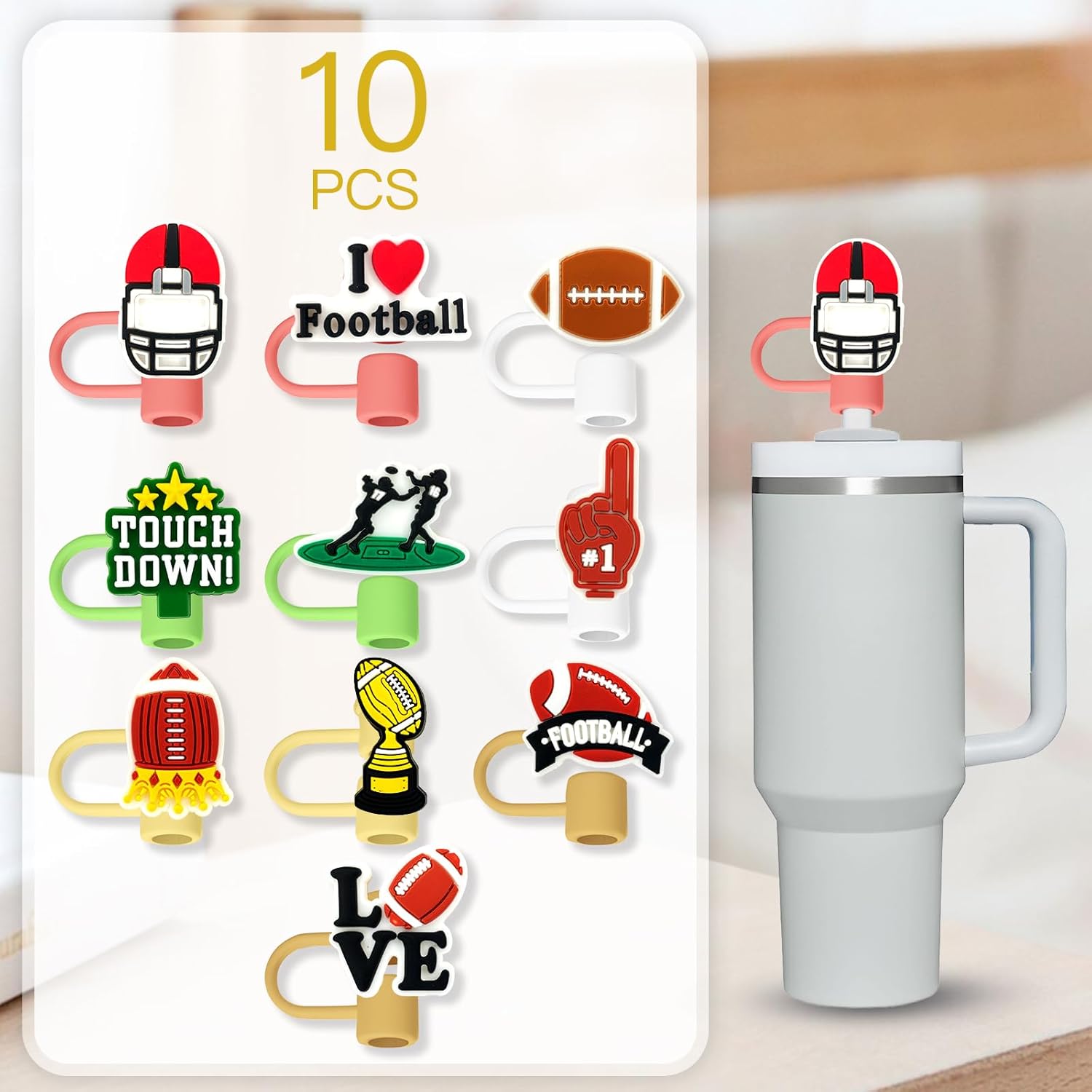 10 vasos con popote de fútbol para vaso Stanley, 2564 pulgadas, protectores reutilizables, tapas para accesorios de copa (10 unidades de fútbol de