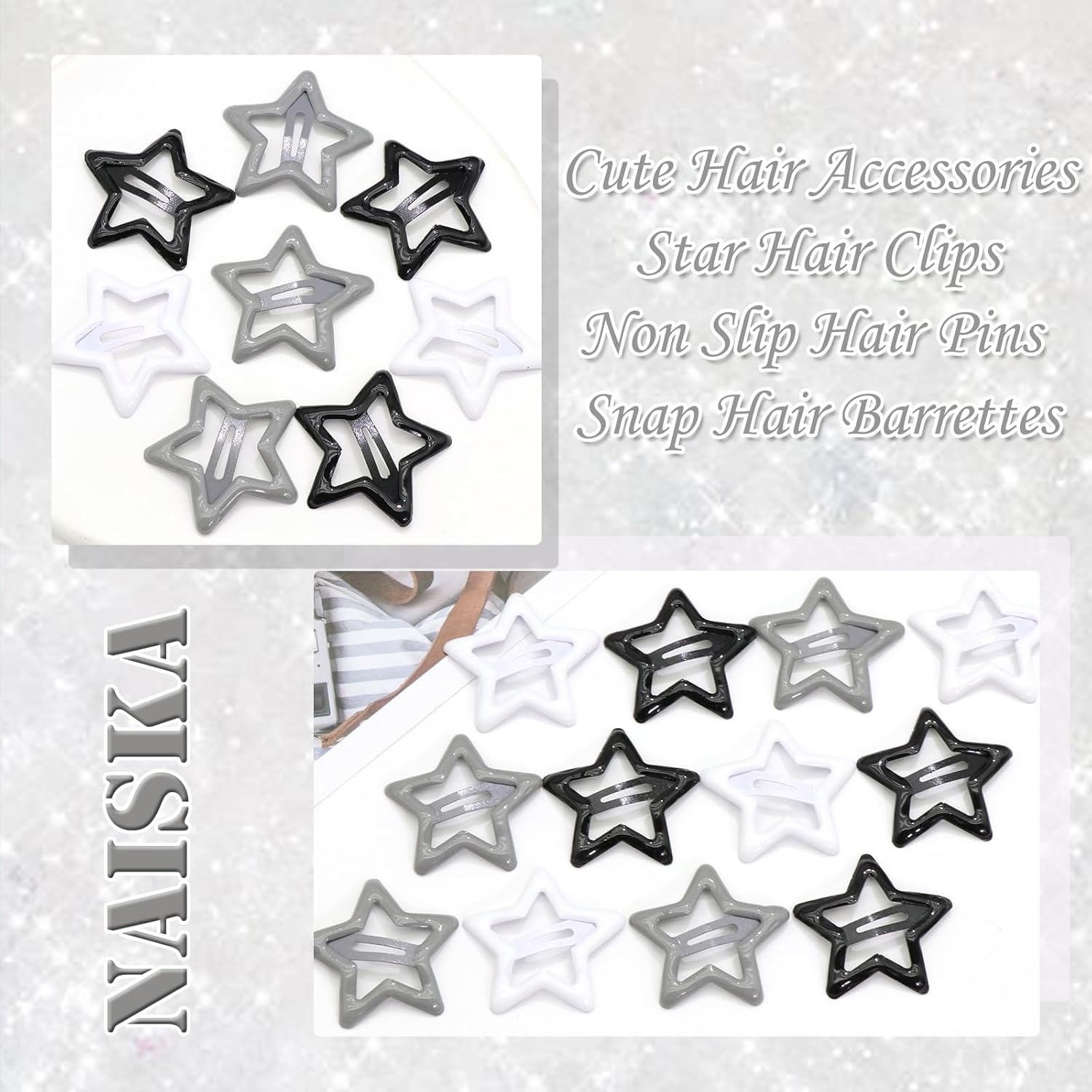 NAISKA Pinzas para el cabello con diseño de estrella negra, antideslizantes, accesorios para niñas y mujeres (12 unidades)