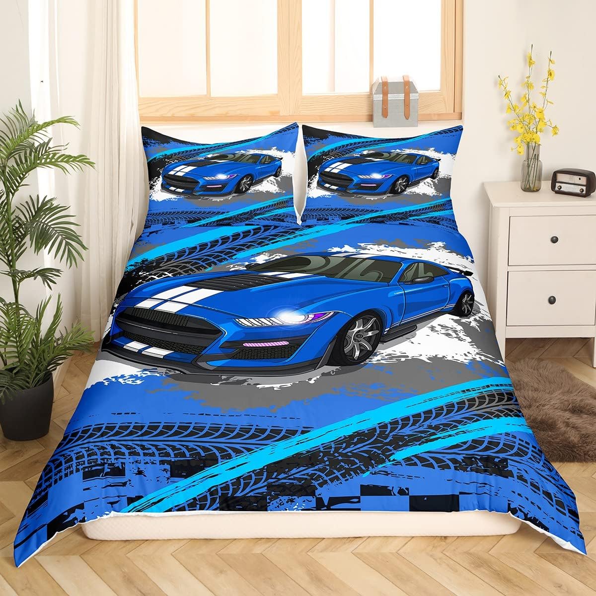 Funda de edredón azul para niños y hombres, juego de ropa de cama de auto de carreras de graffiti tamaño matrimonial, funda de edredón de pista de