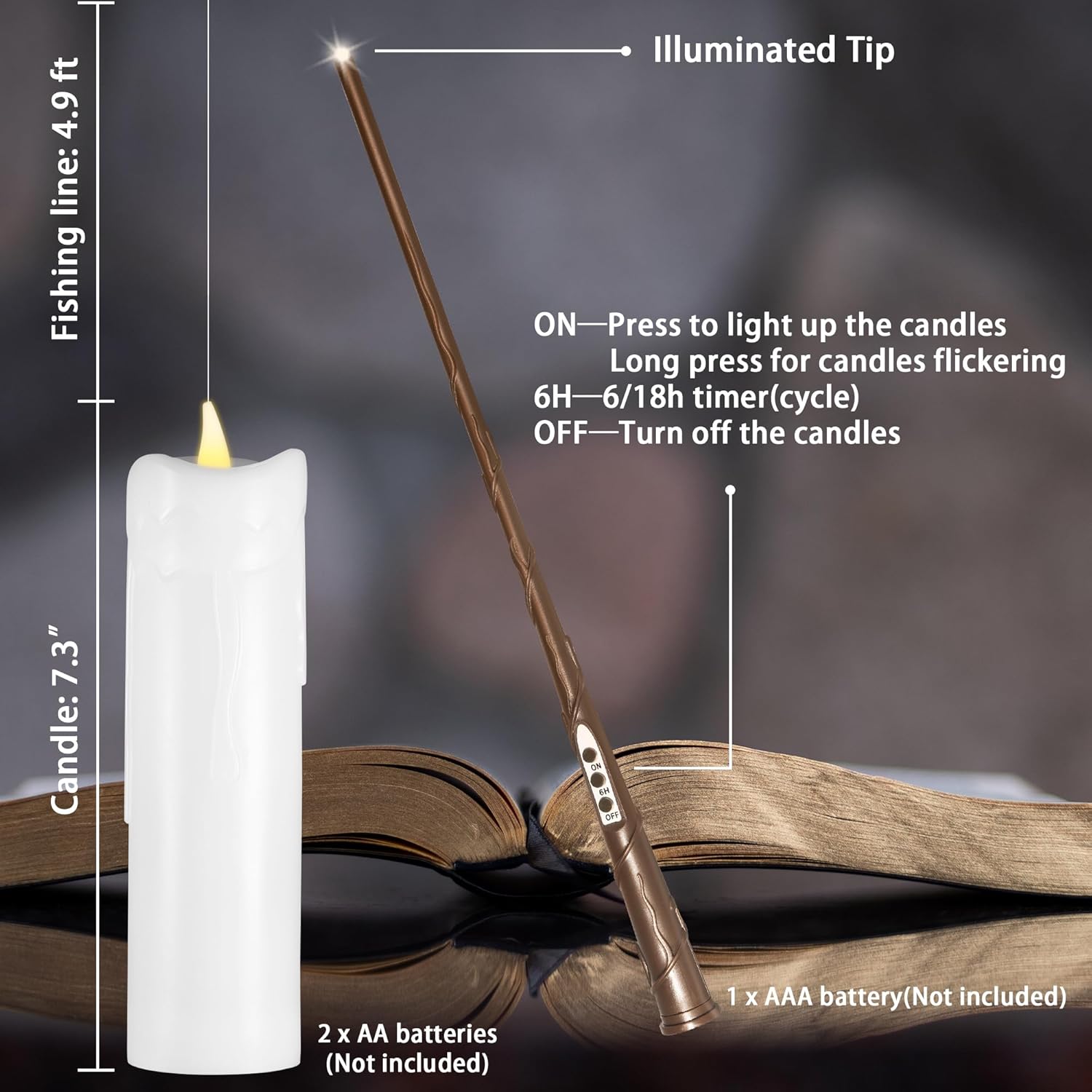 Velas flotantes, 6 velas sin llama con control remoto de varita, velas de pilar mágicas parpadeantes de 7.3 pulgadas, velas LED eléctricas de luz
