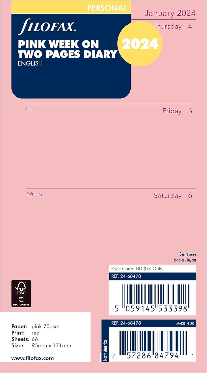 Filofax Recambio de diario de calendario, tamaño personalcompacto, semana a vista, papel rosa, sin rayas, inglés, 2024 (C68478-24)