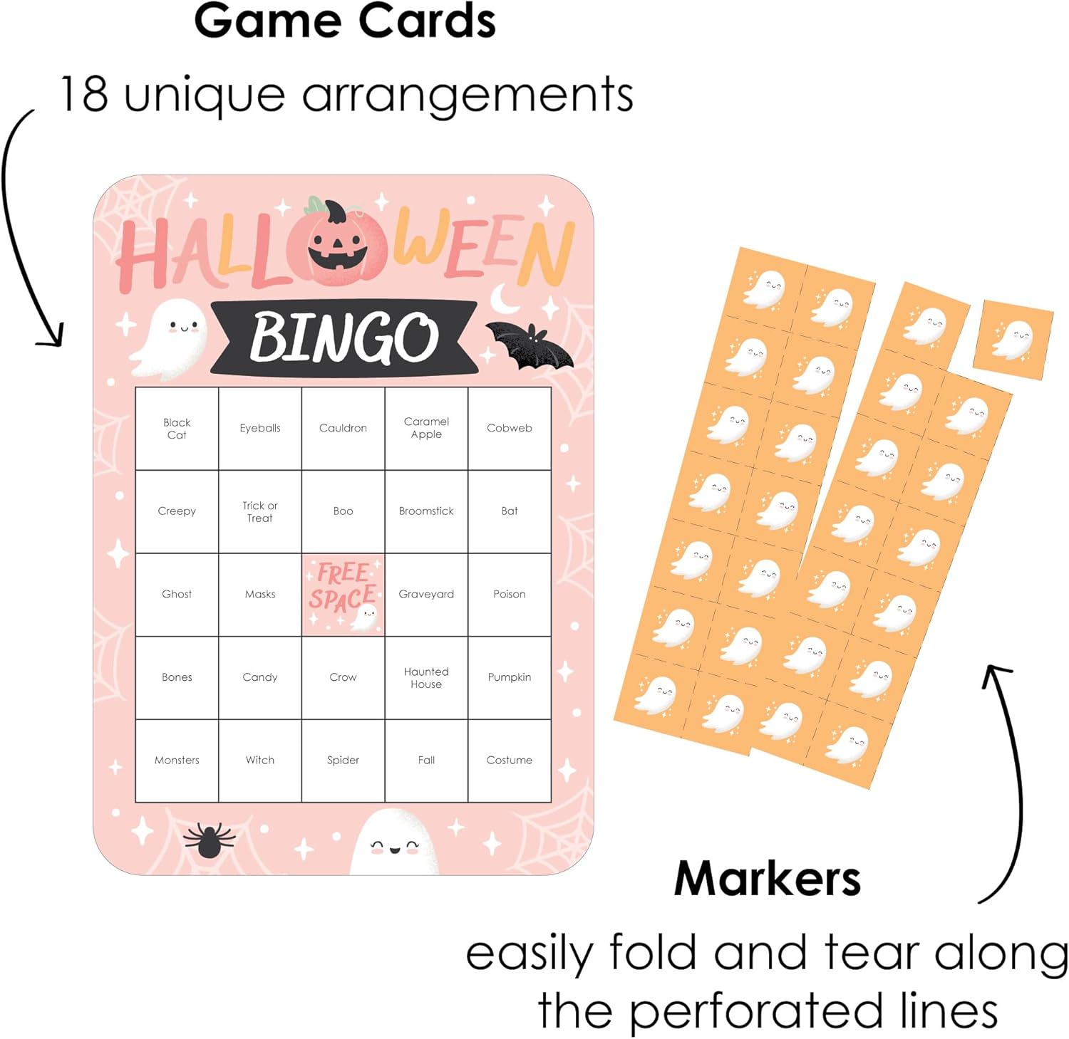 Big Dot of Happiness Pastel Halloween – Tarjetas de bingo y marcadores – Juego de bingo de fiesta de calabaza rosa – Juego de 18