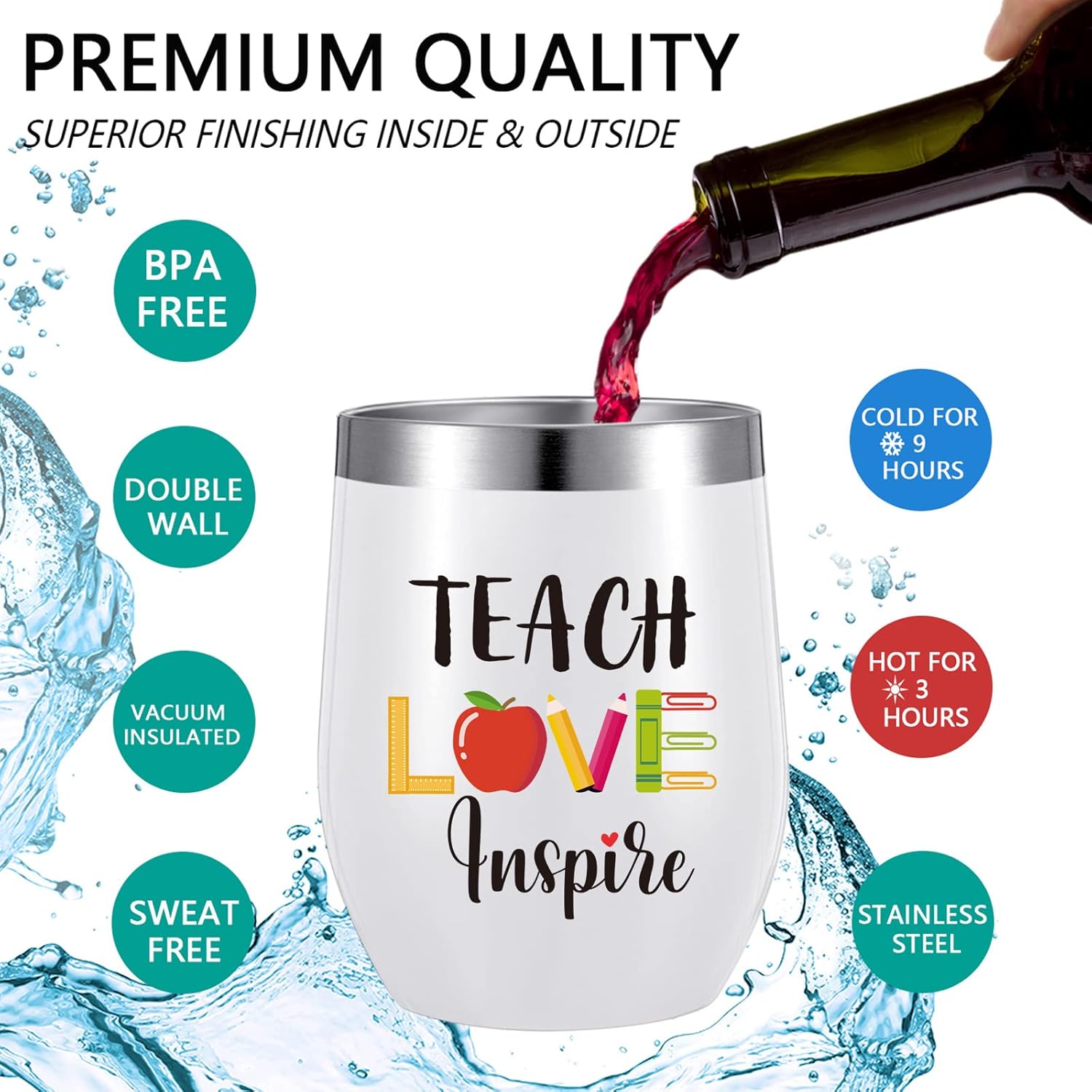 Vaso de vino de 3 piezas de 12 onzas con texto en inglés “Teach Love Inspire – It Takes a Big Heart To Help Shape Little Minds – Bolsa de cosméticos