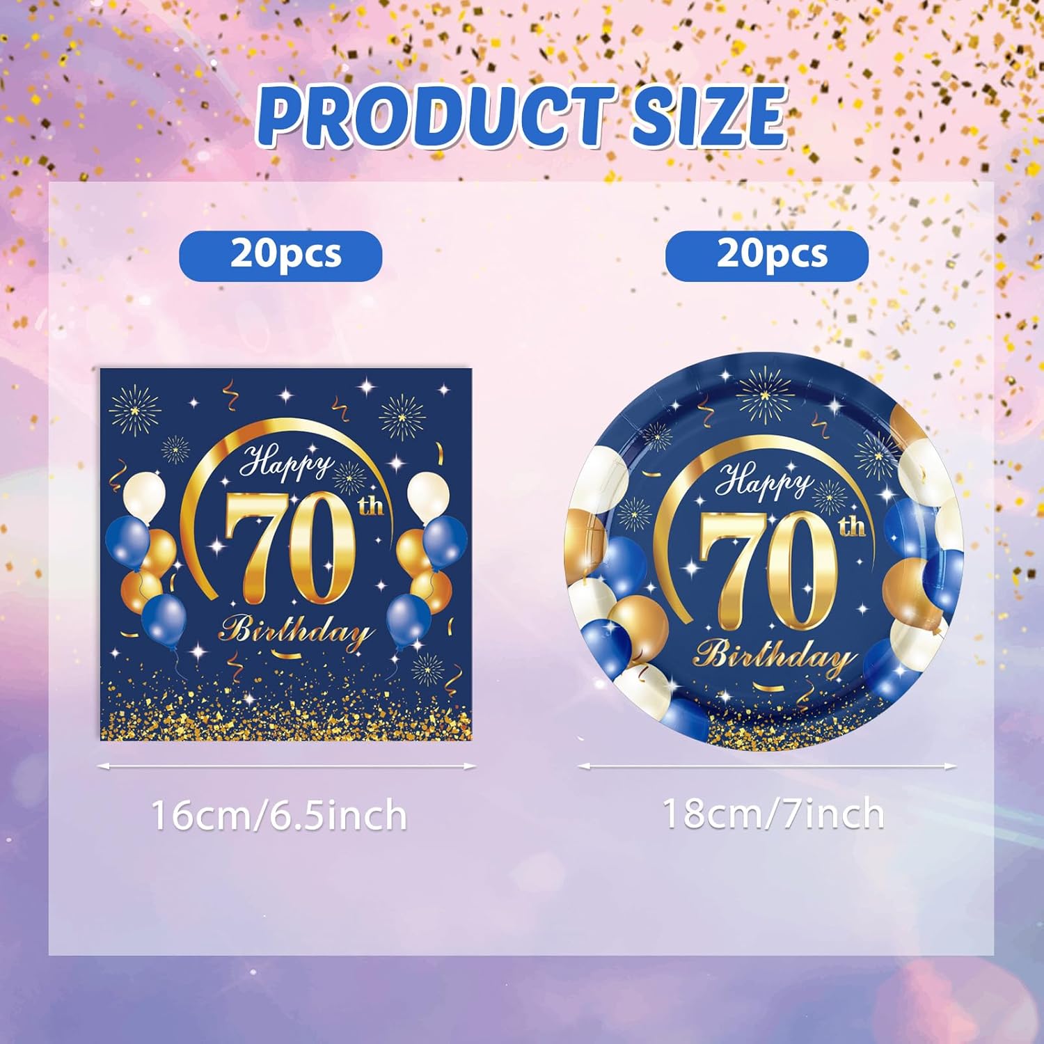 40 unidades, 40 unidades, decoraciones de cumpleaños n. 70 para hombres, azul marino y dorado, incluye platos, servilletas para decoración de fiesta