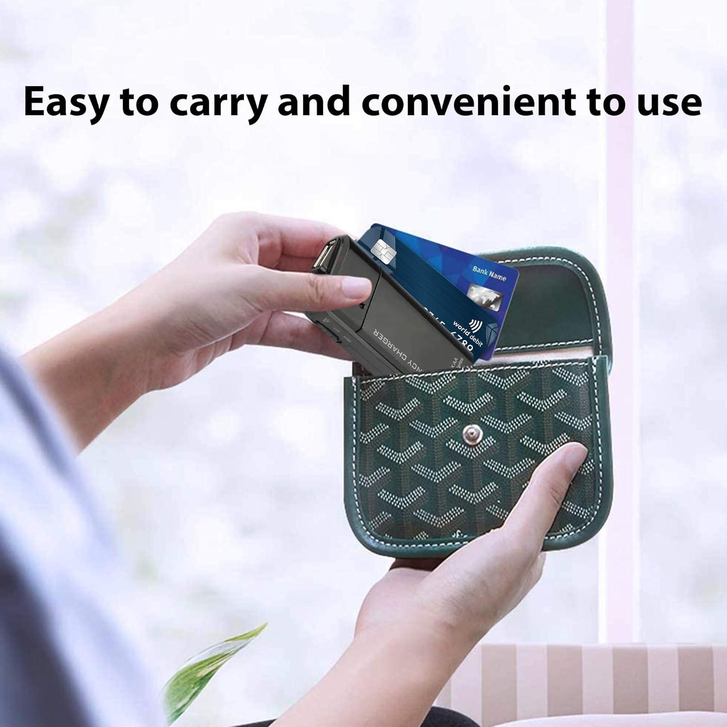 El cargador de viaje portátil de batería AA funciona para Samsung Galaxy X Fold y recargador de emergencia con luz LED. Toma 2 pilas AA, USB-C) Negro