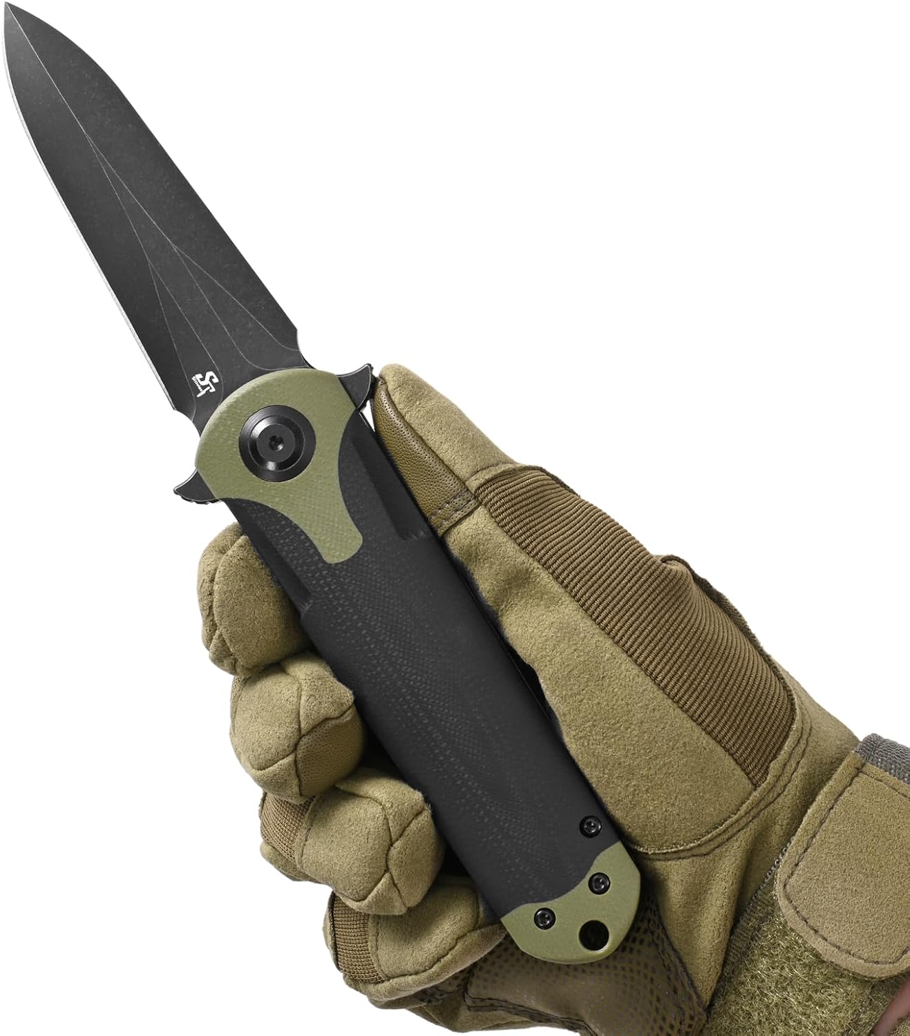 Sitivien ST158 – Cuchillo de bolsillo plegable, chapado en titanio, hoja de acero DC53 lavado a la piedra negra con mango G10, cuchillo de
