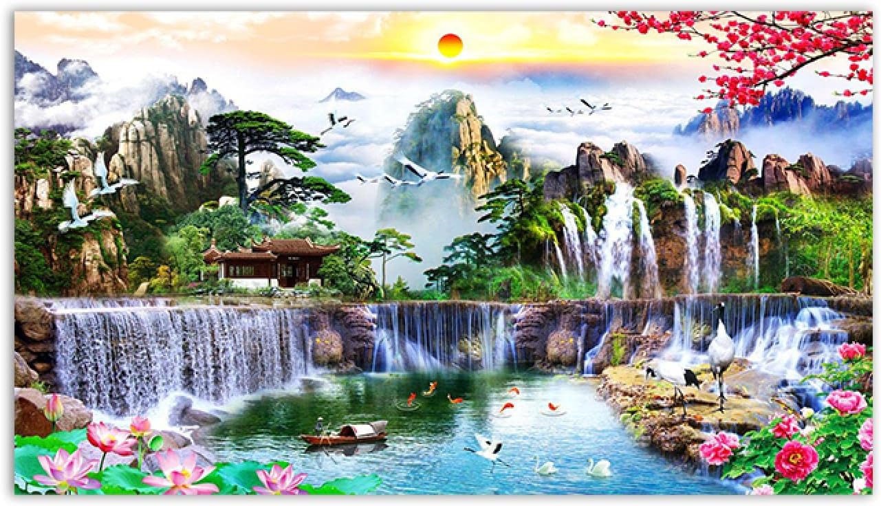 NOLEGA Lienzo decorativo para pared, cuadro de paisaje, flor de cascada de montaña de estilo chino, impresión de naturaleza sobre lienzo, póster e