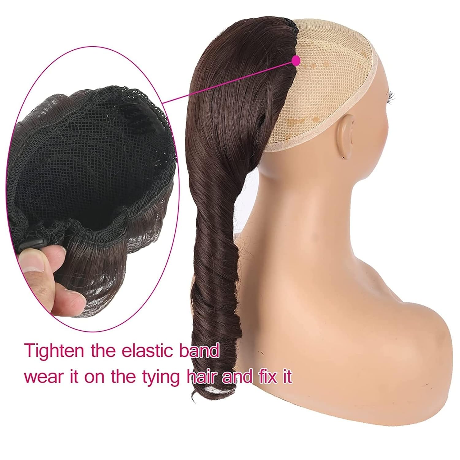 Oseti Extensión de cola de caballo rizada de 14 pulgadas, extensiones de cabello sintético corto ondulado marrón con cordón para mujer, extensiones