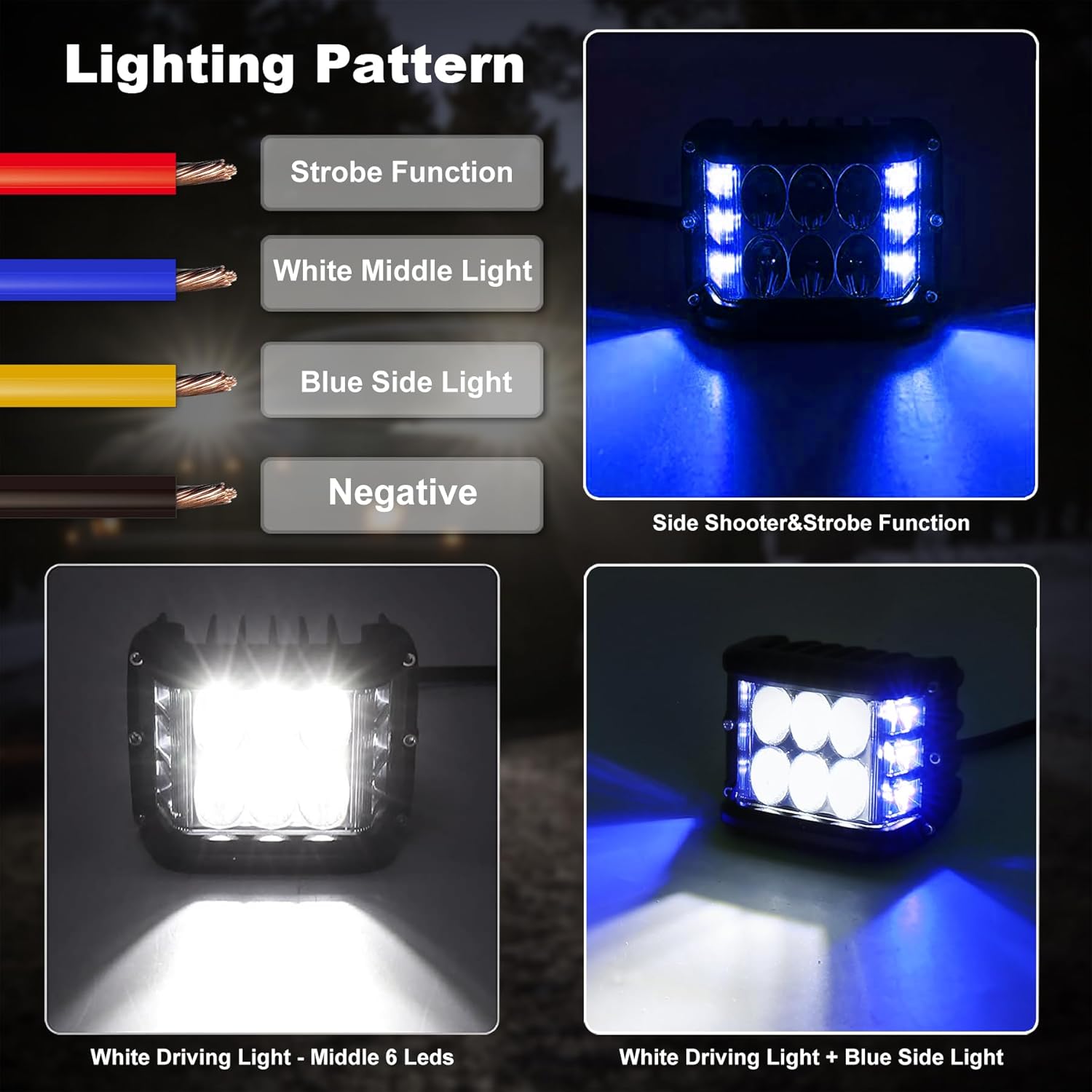 Luces LED de disparo lateral con DRL azul de doble cara con estroboscópico, 30 W todoterreno para conducción de puntos de inundación para Jeep,