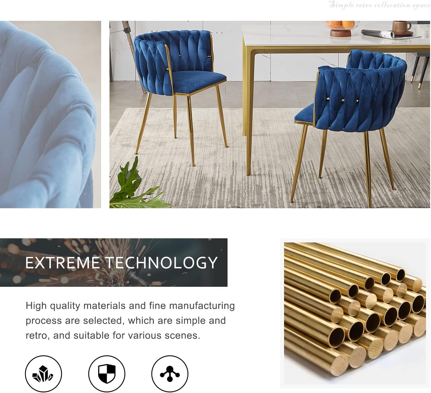 Tsuysi Juego de 2 sillas de comedor de terciopelo, sillas de comedor modernas doradas con patas de metal, sillas de comedor tapizadas tejidas para