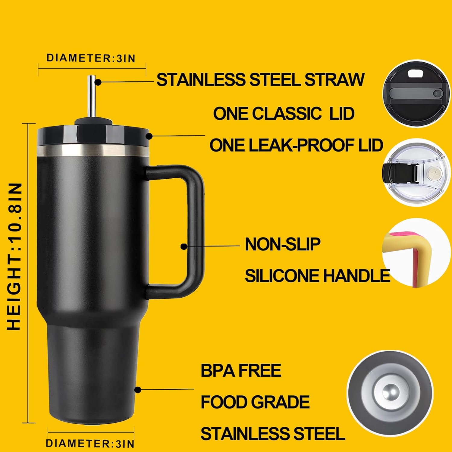 Sekirou Vaso de 40 onzas con asa y tapa con pajilla, botella de agua metálica de acero inoxidable Quencher con aislamiento grande, con tapa a prueba